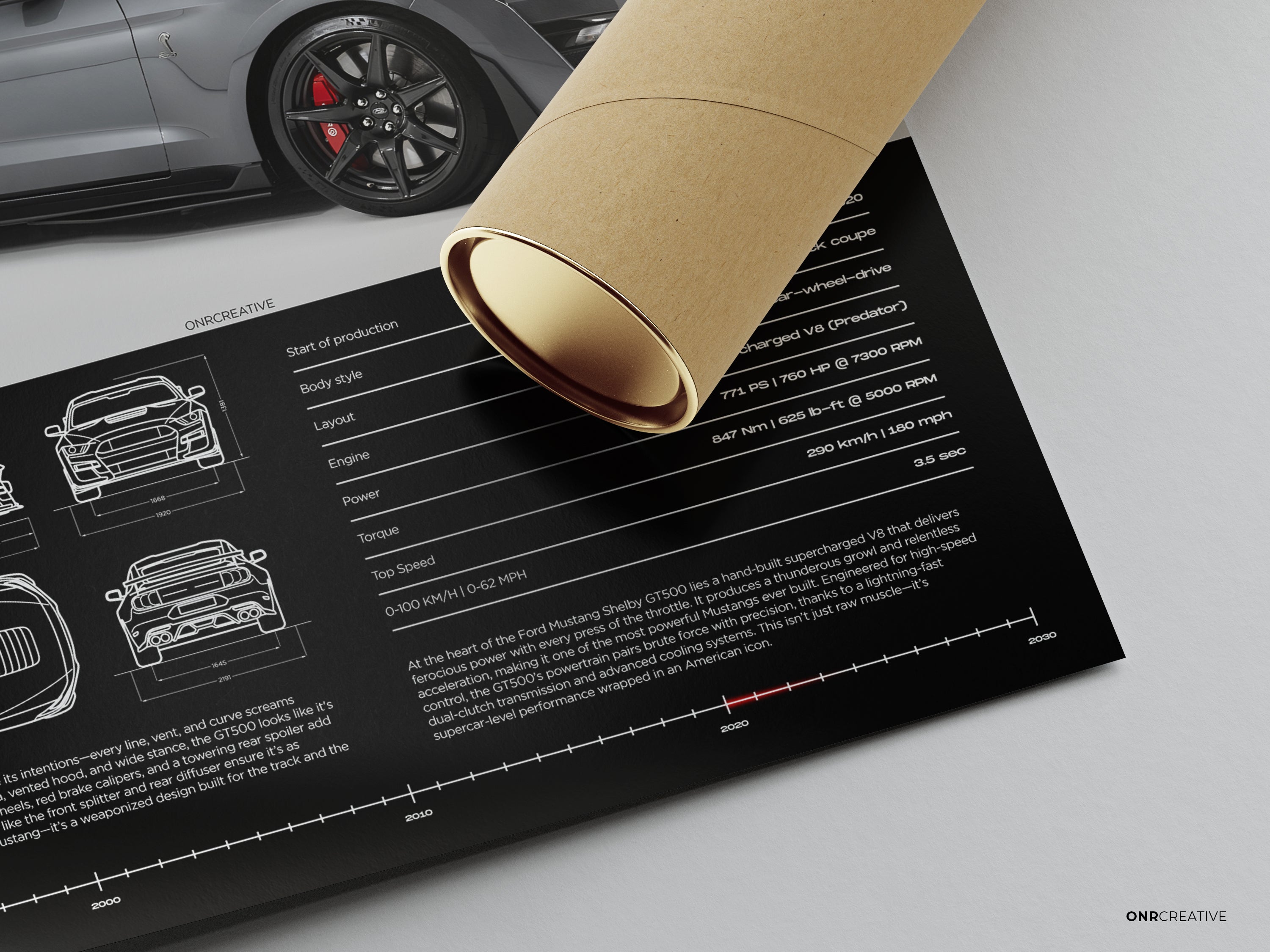 Ford Mustang Shelby GT500 Poster | Grey Striped American Muscle Car Wall Art | Automotive Print