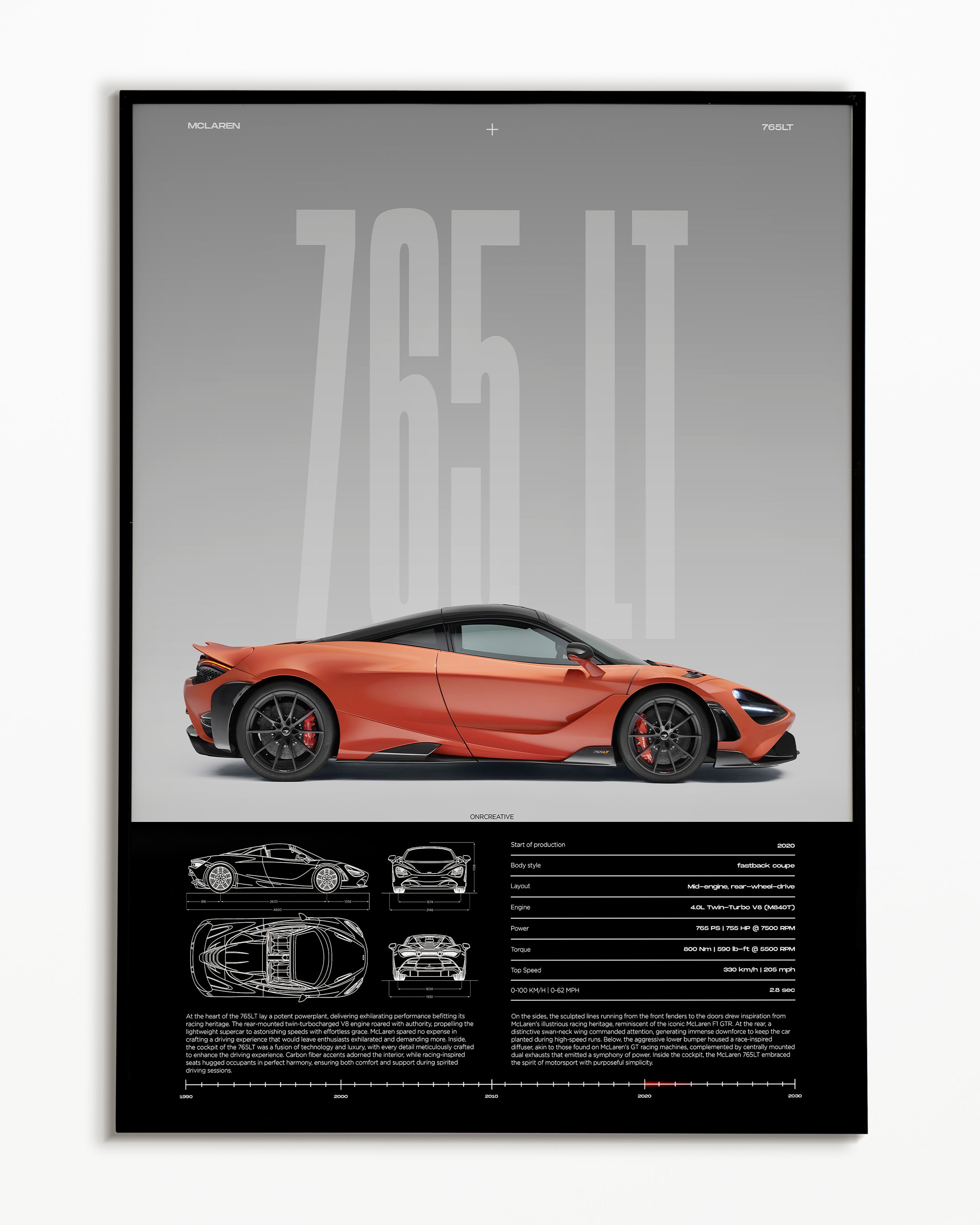 McLaren 765LT Poster | Orange Supercar Wall Art | Modern Automotive Print