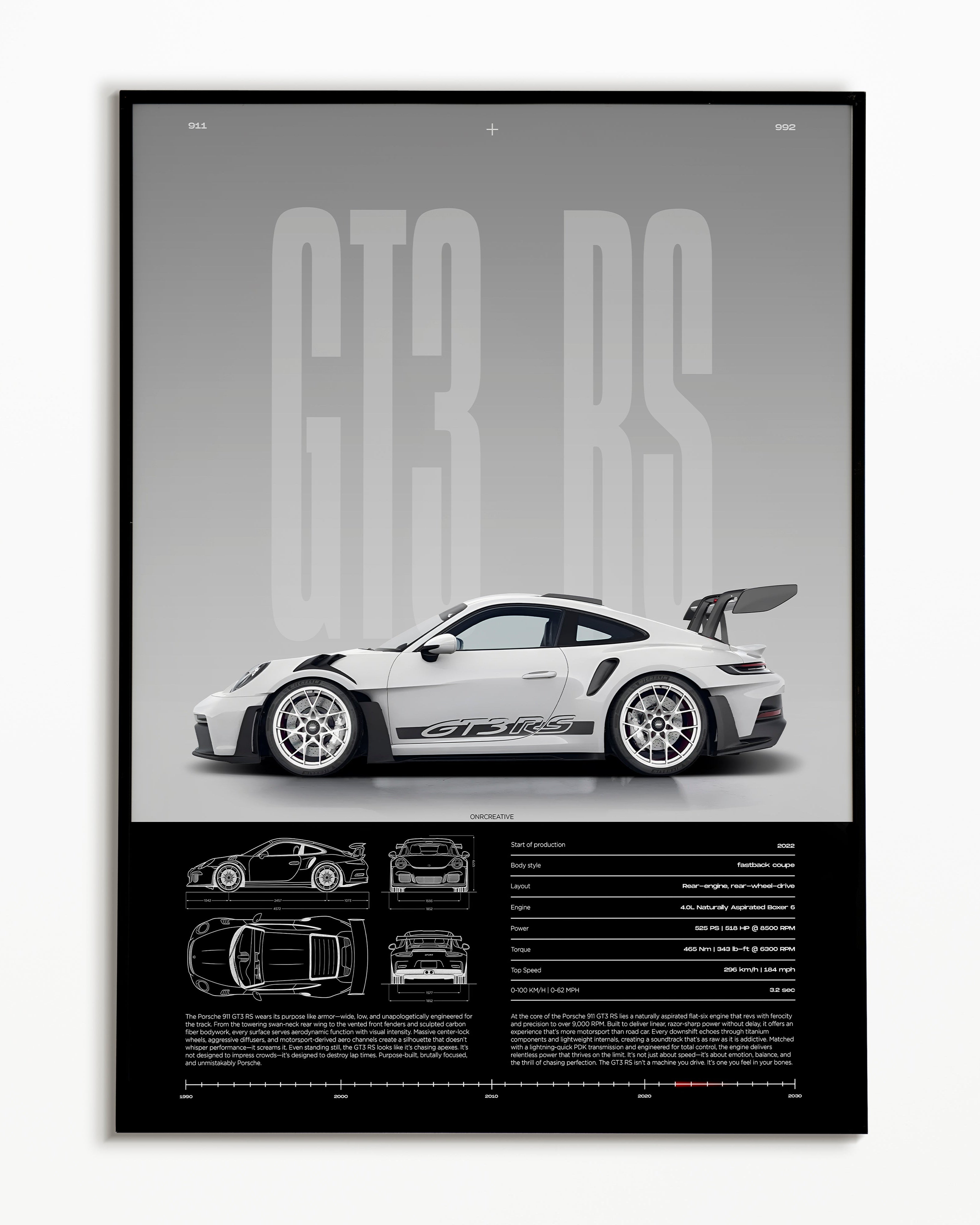 Porsche 911 GT3 RS Poster | White 992 Sports Car Wall Art | Luxury Automotive Print