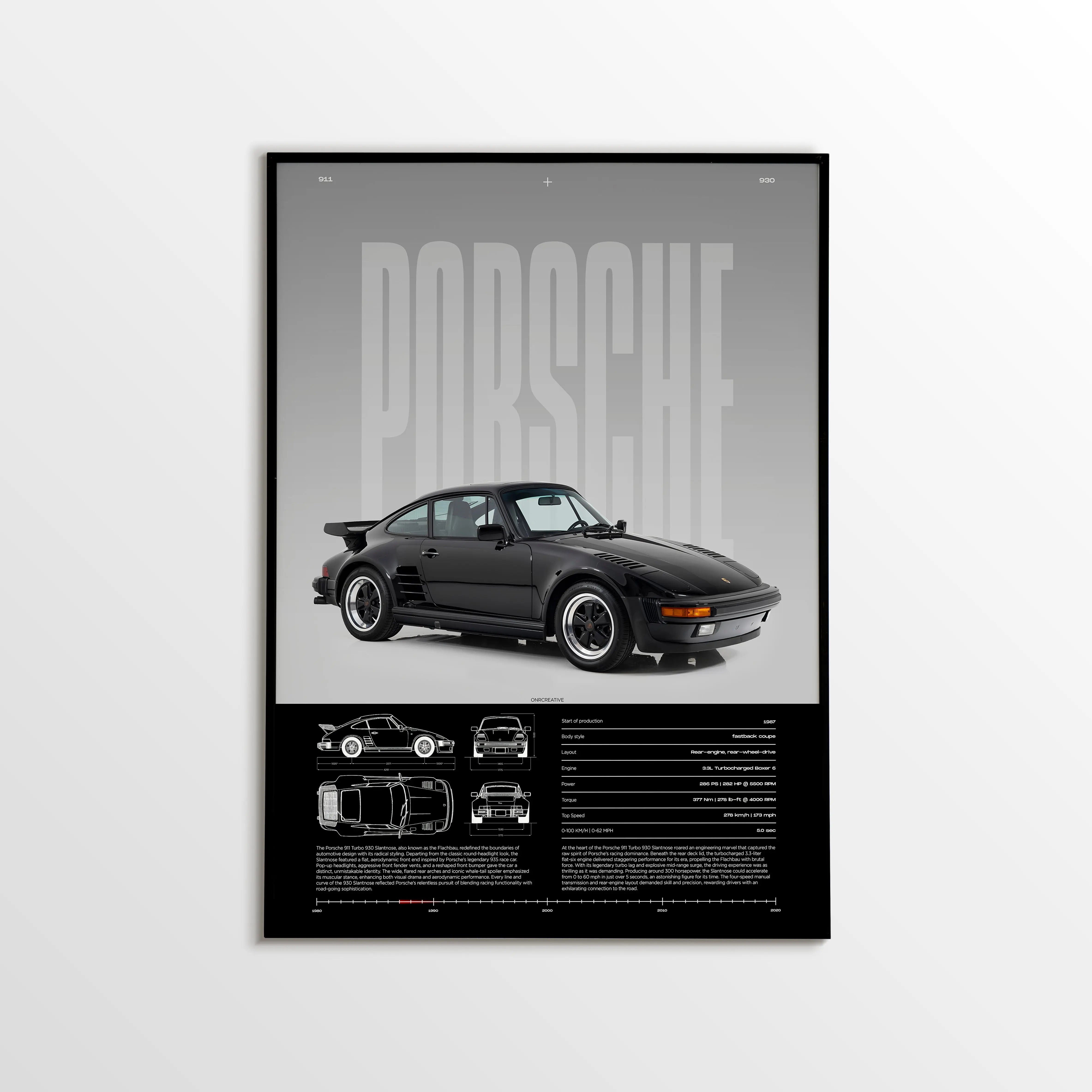 Porsche 911 Turbo 930 framed car poster on white wall — premium classic Porsche wall art print for collectors
