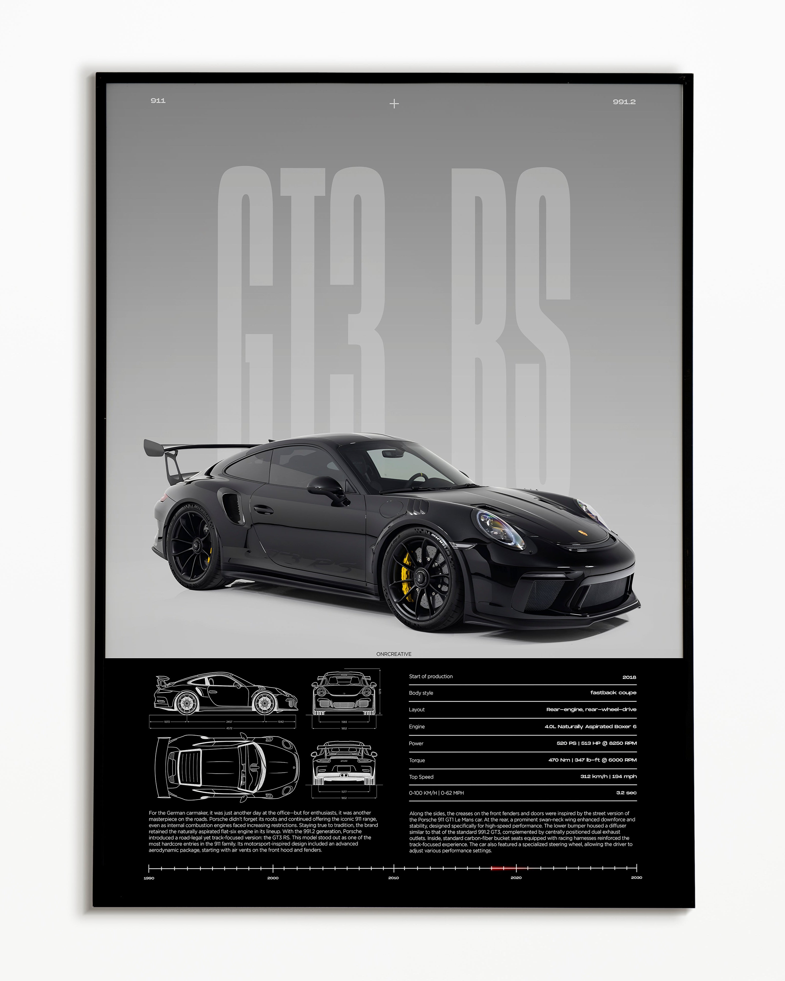 Porsche 911 GT3 RS Poster | Black 991.2 Sports Car Wall Art | Luxury Automotive Print