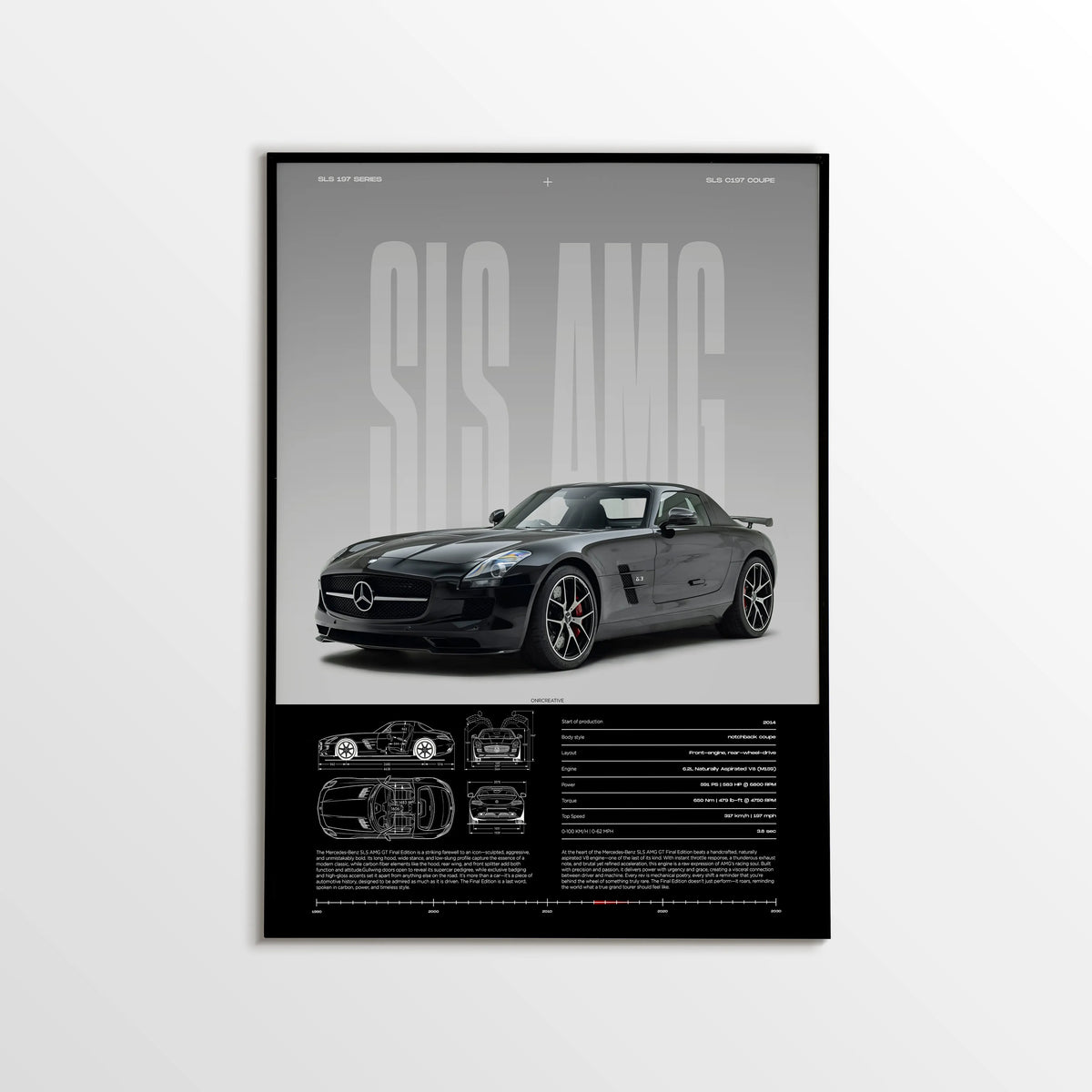 Mercedes-Benz SLS AMG GT car poster in black aluminum frame on white wall, premium automotive wall art featuring black SLS AMG GT coupe with blueprint diagrams and performance specifications