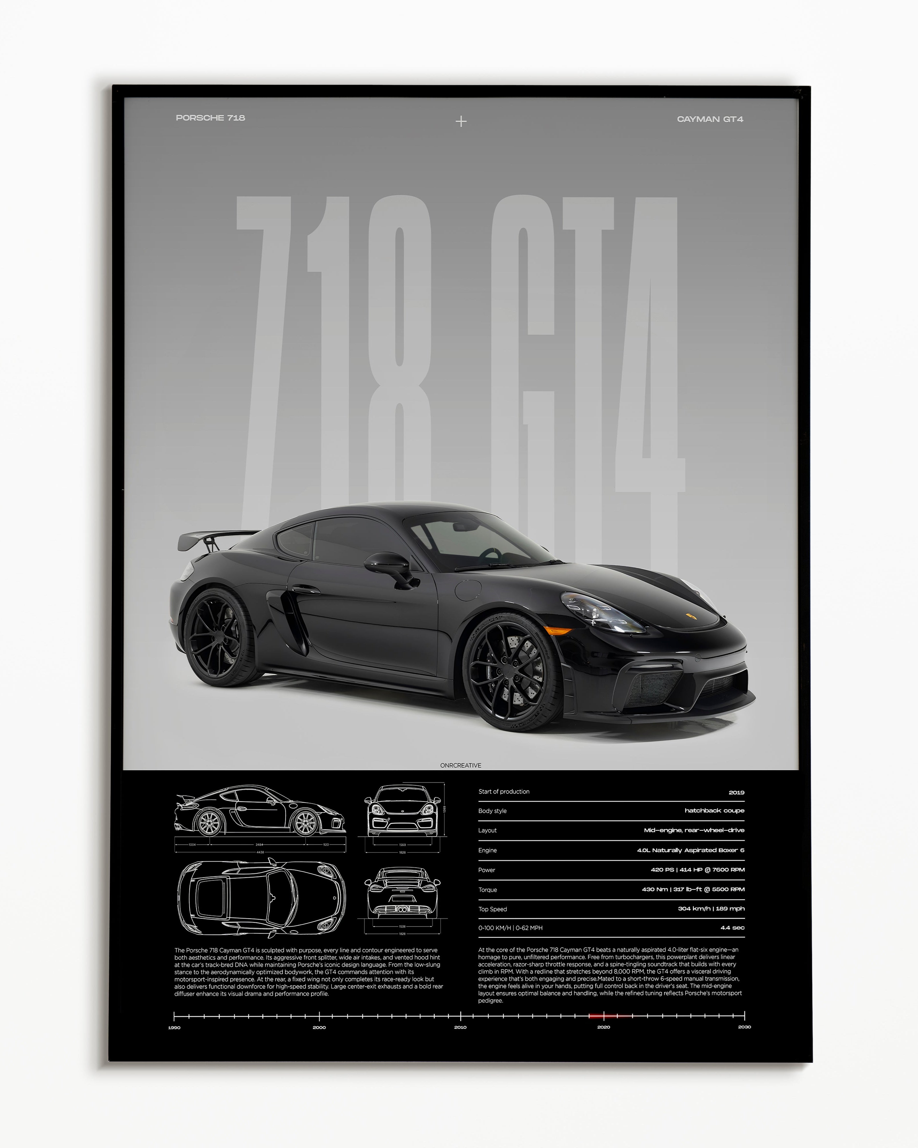 Porsche 718 Cayman GT4 Poster | Black Sports Car Wall Art | Luxury Automotive Print