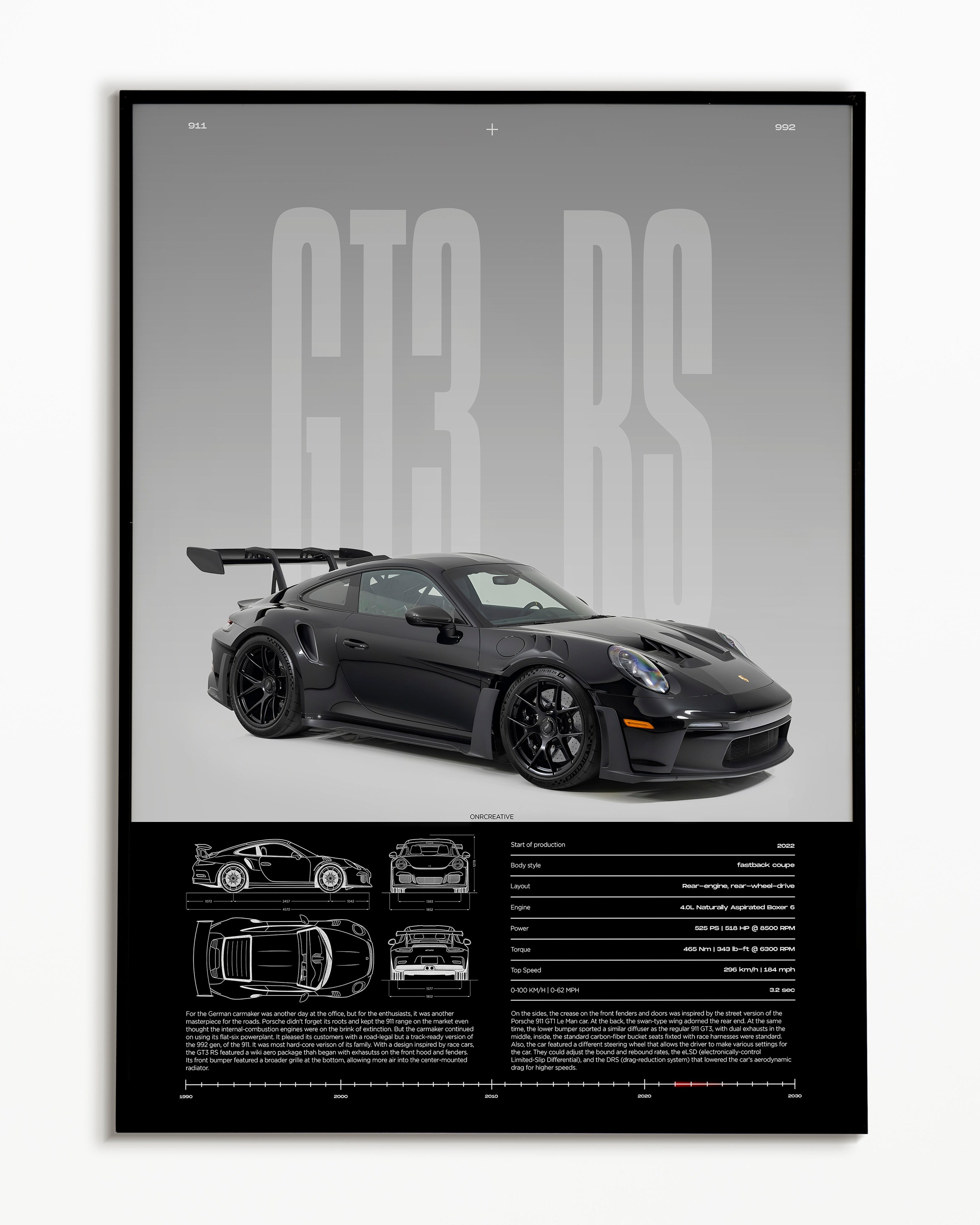 Porsche 911 GT3 RS Poster | Black 992 Sports Car Wall Art | Luxury Automotive Print