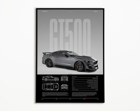 Ford Mustang Shelby GT500 Poster | Grey Striped American Muscle Car Wall Art | Automotive Print