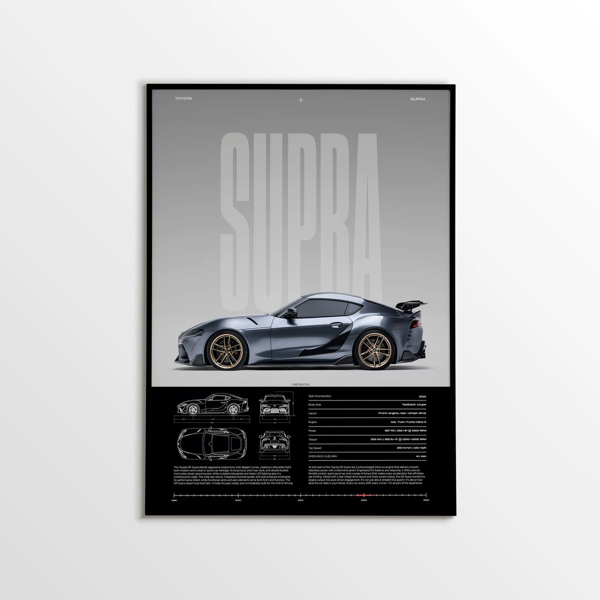 Toyota GR Supra A90 MK5 poster featuring side profile with detailed blueprint specifications