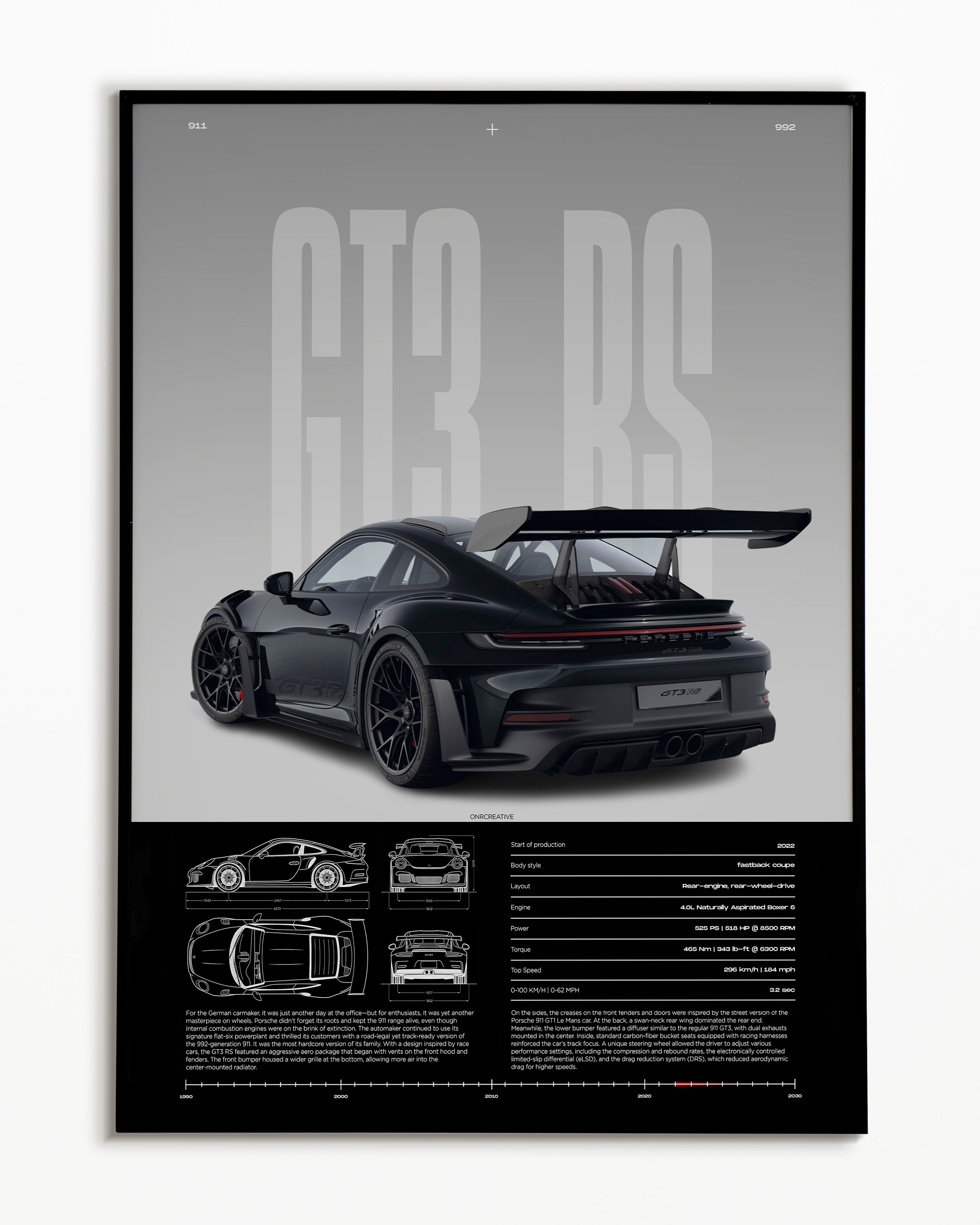 Porsche 911 GT3 RS Poster | Rear View 992 Sports Car Wall Art | Luxury Automotive Print