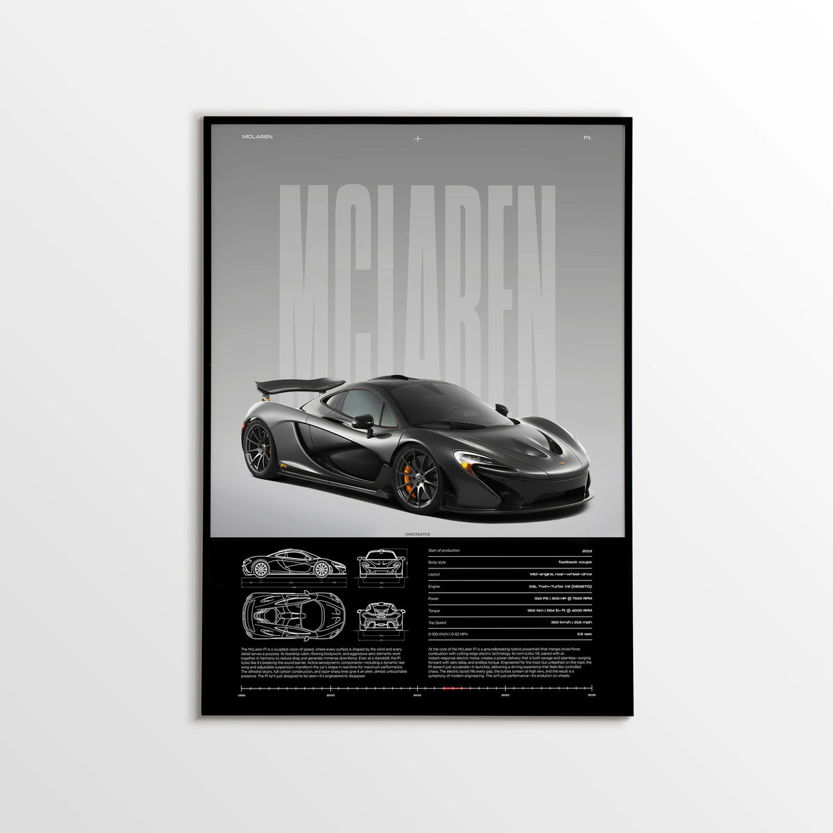 McLaren P1 hypercar poster featuring front three-quarter view with detailed blueprint specifications