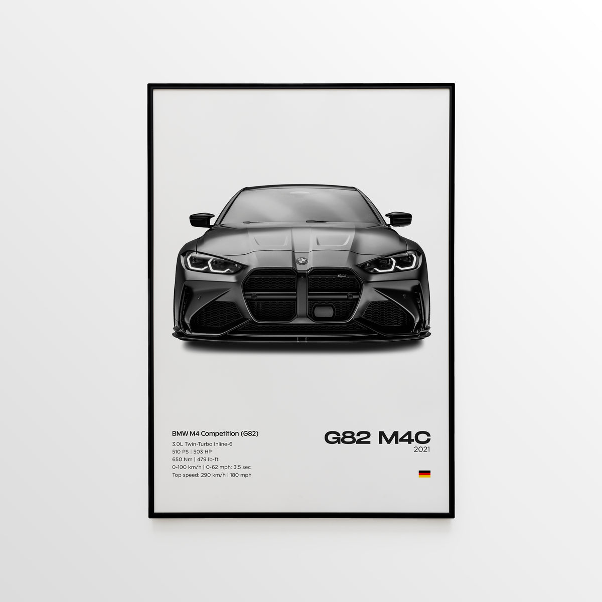Framed BMW M4 Competition G82 poster with white background, front-view black BMW M4 artwork, and performance specifications