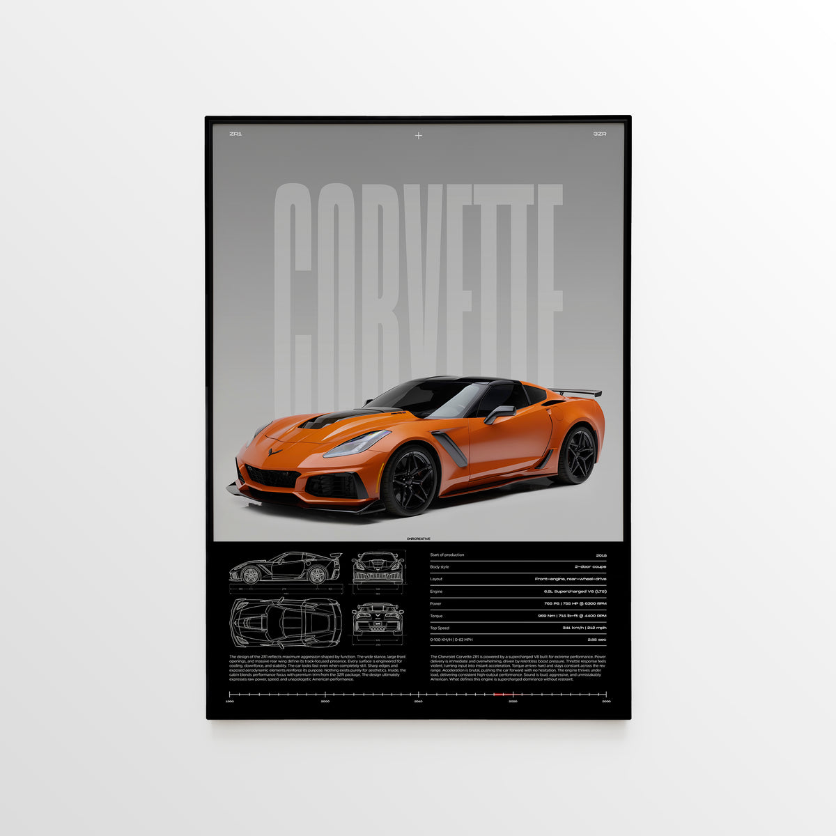 Framed Chevrolet Corvette ZR1 3ZR poster with orange sports car, minimalist CORVETTE typography, and technical blueprint details