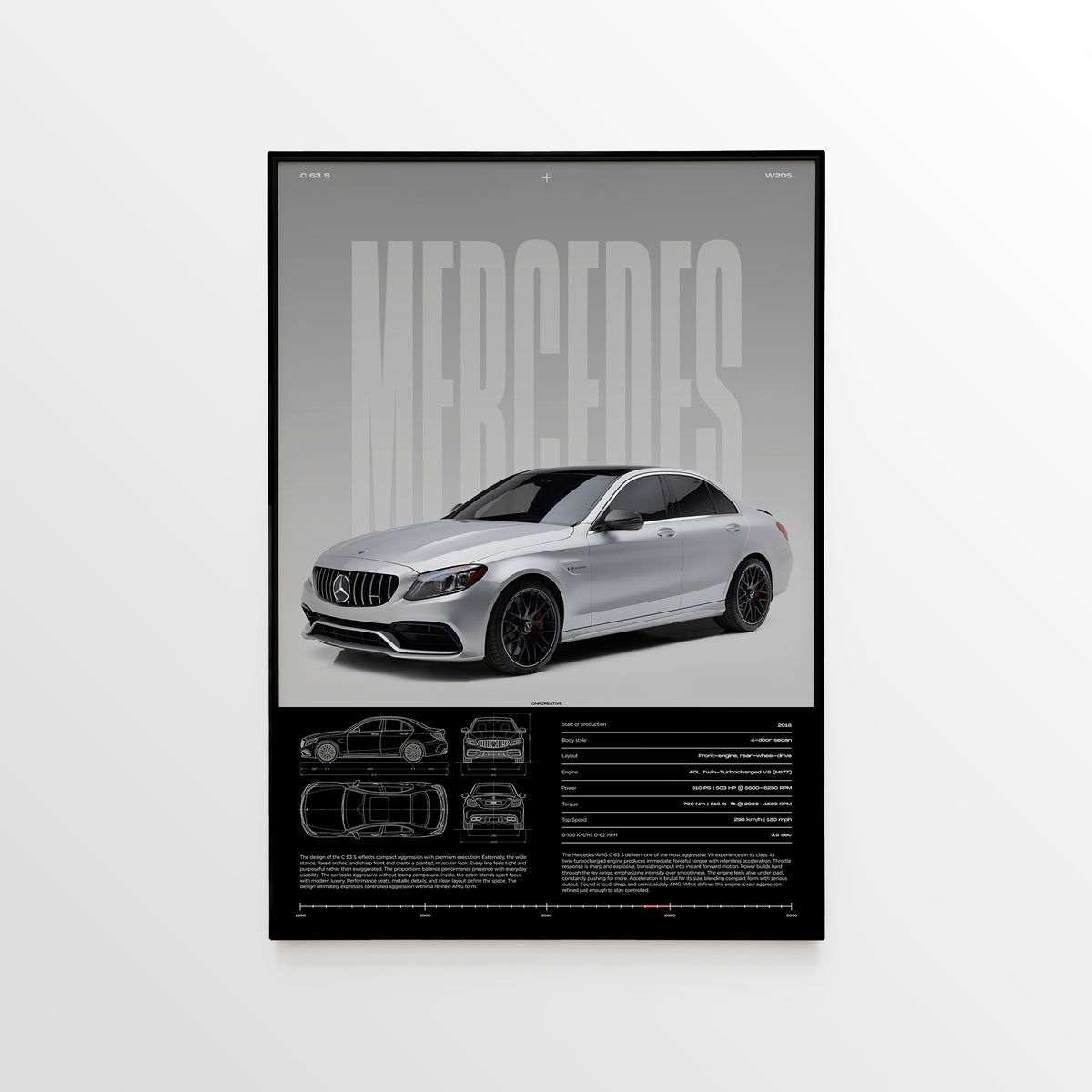 Framed Mercedes-AMG C 63 S W205 poster with black frame, silver sedan artwork, large MERCEDES typography, blueprint drawings, and technical specifications