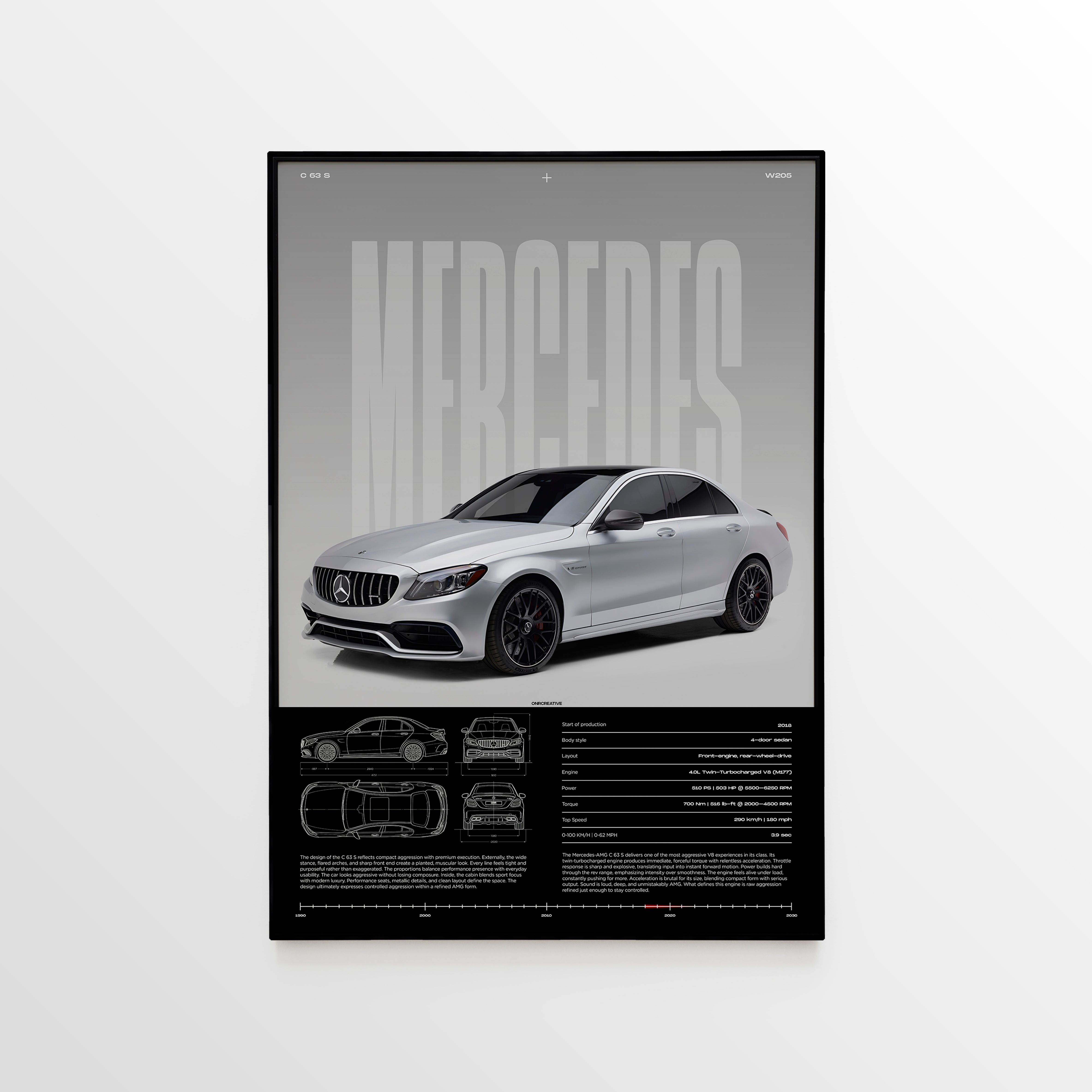 Framed Mercedes-AMG C 63 S W205 poster with black frame, silver sedan artwork, large MERCEDES typography, blueprint drawings, and technical specifications