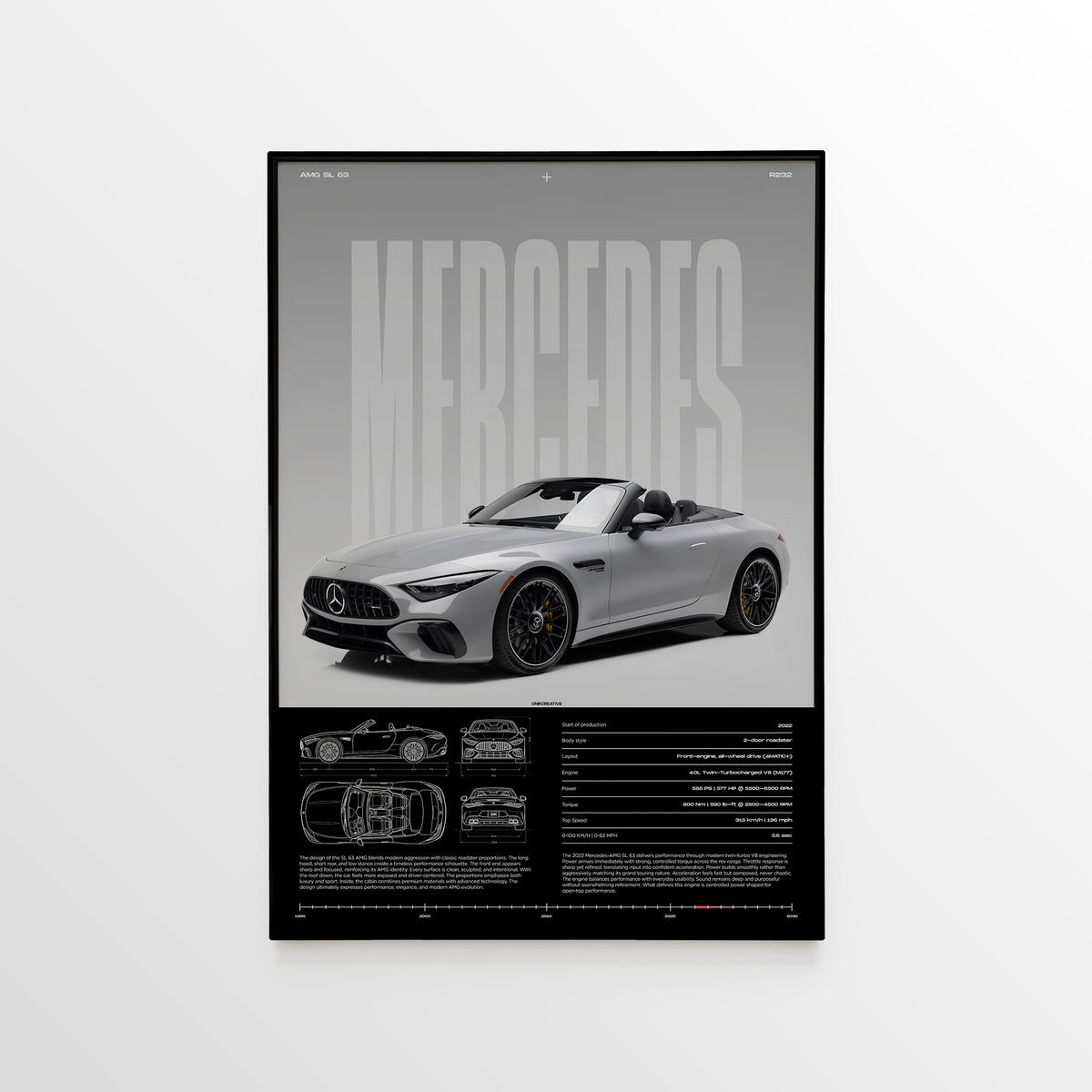 Framed Mercedes-AMG SL 63 R232 poster with black frame, gray roadster artwork, large MERCEDES typography, blueprint drawings, and technical specifications