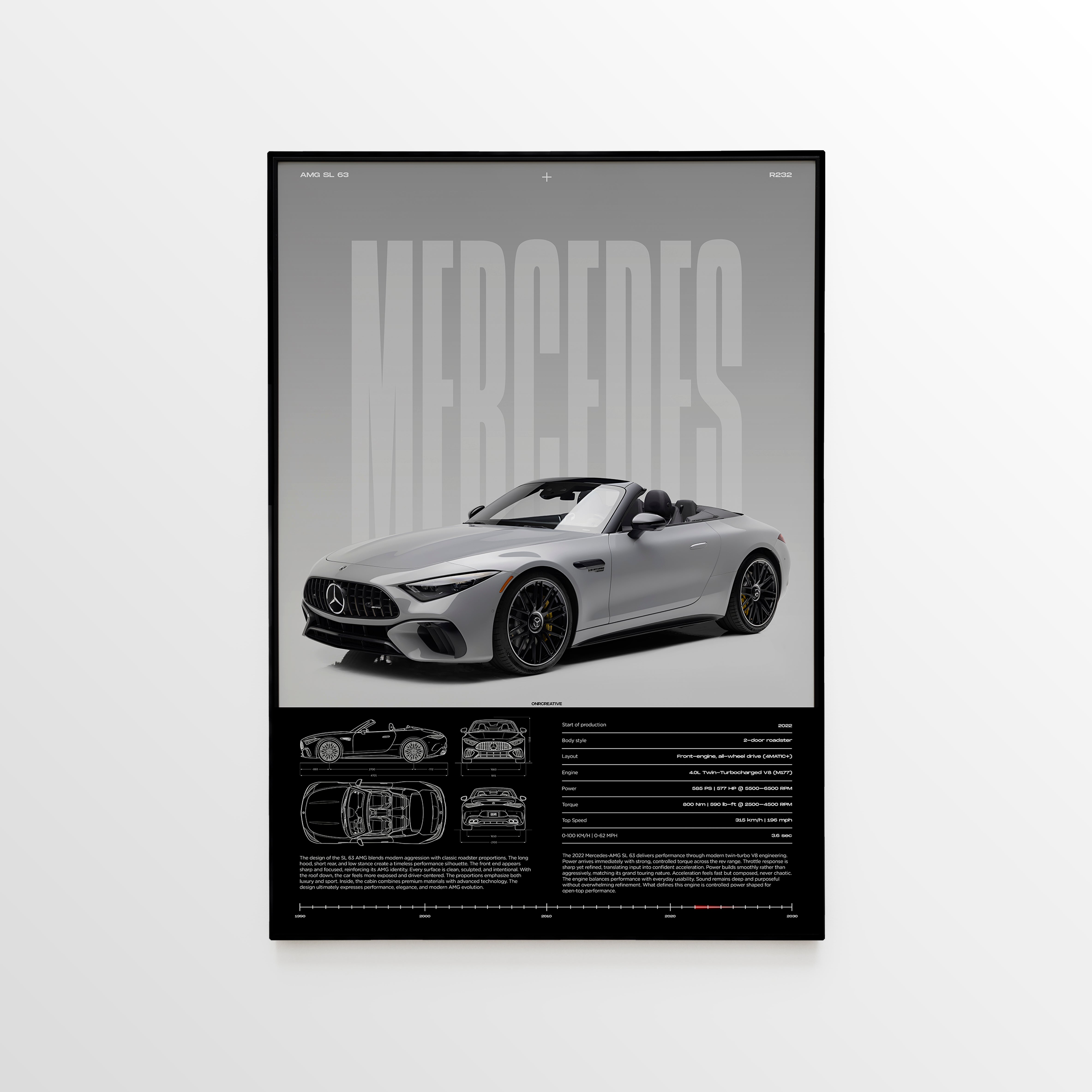 Framed Mercedes-AMG SL 63 R232 poster with black frame, gray roadster artwork, large MERCEDES typography, blueprint drawings, and technical specifications