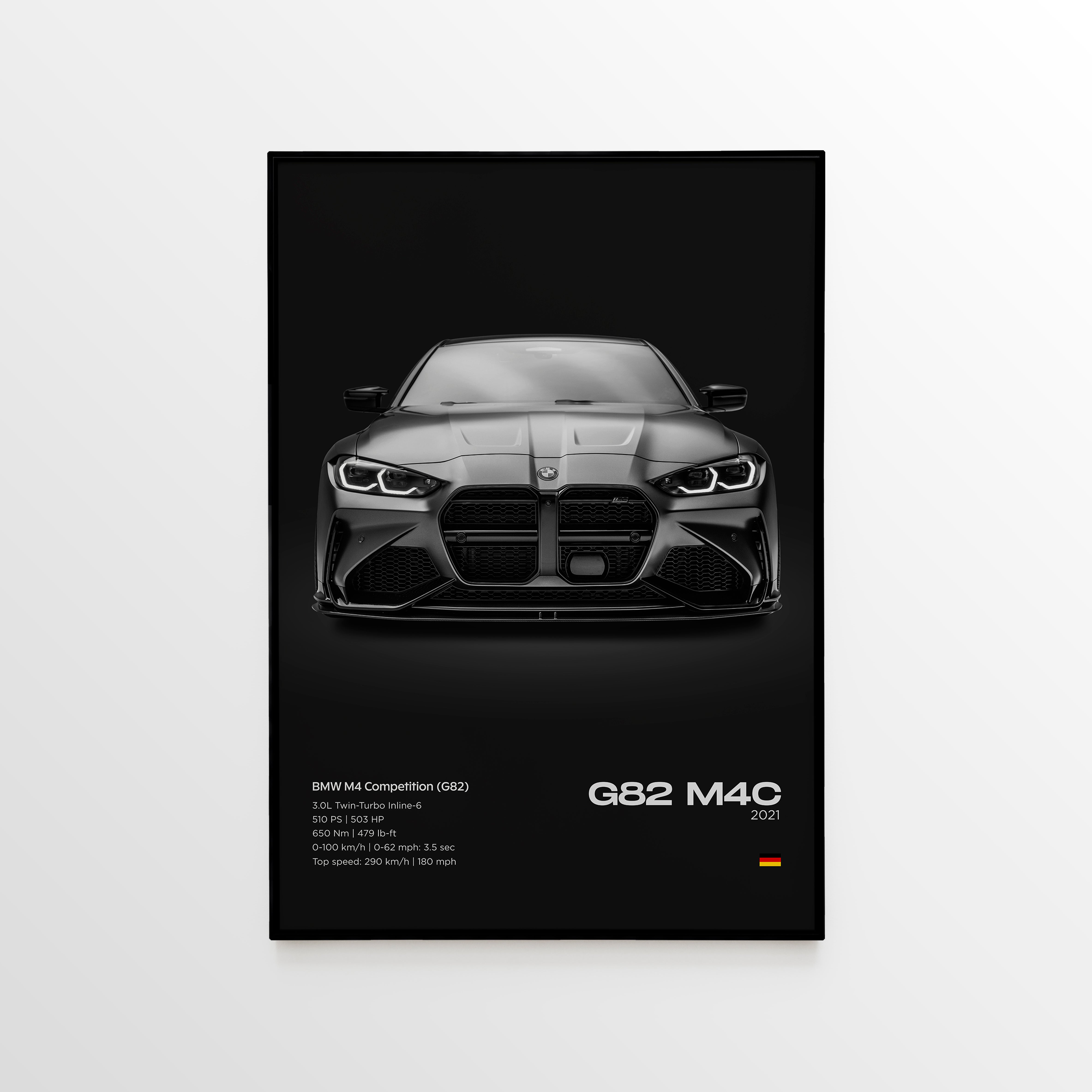 Framed BMW M4 Competition G82 poster with black background, front-view black BMW M4 artwork, and performance specifications