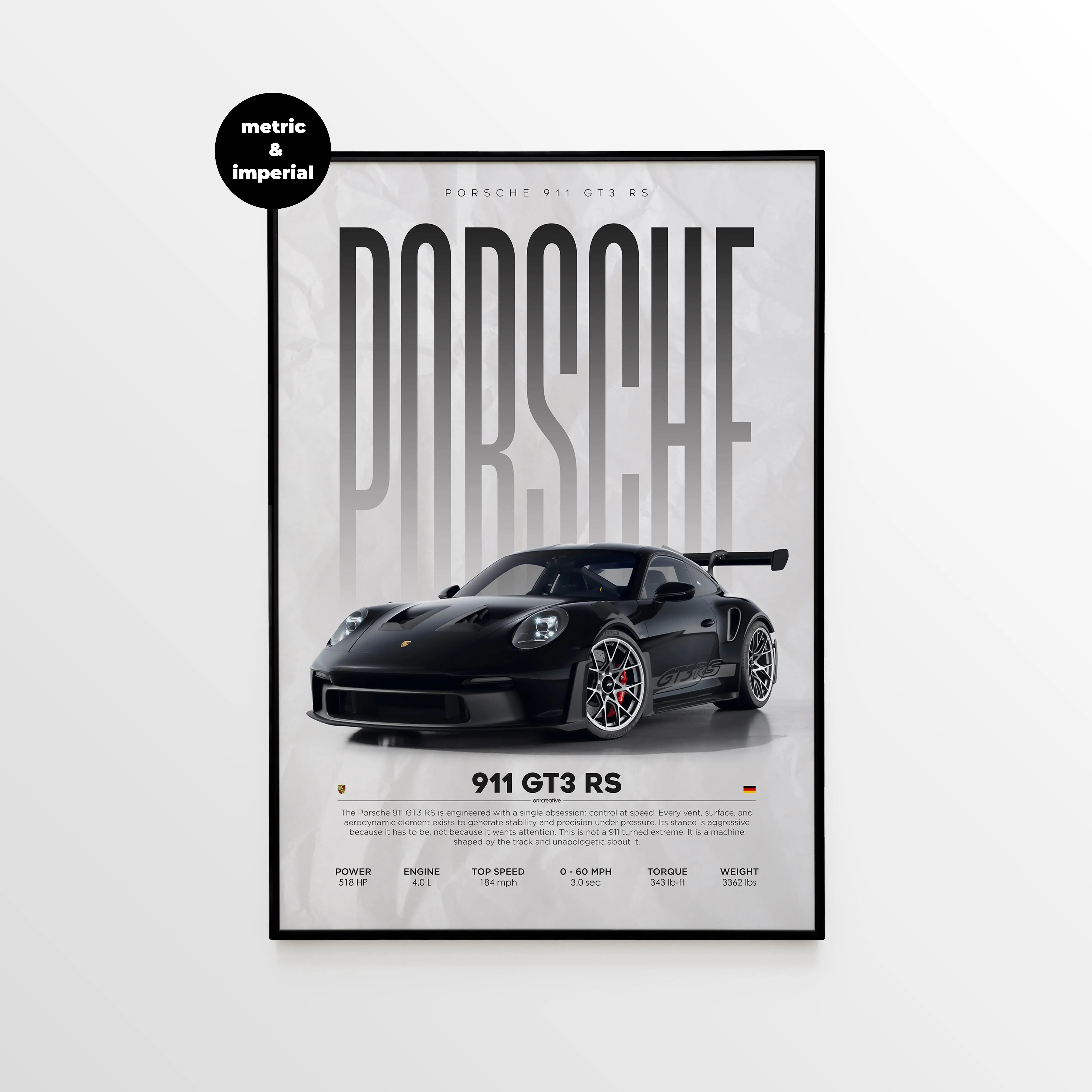 Porsche 911 GT3 RS poster framed in black aluminum frame on white wall, bold typography design with detailed performance specs in metric and imperial units