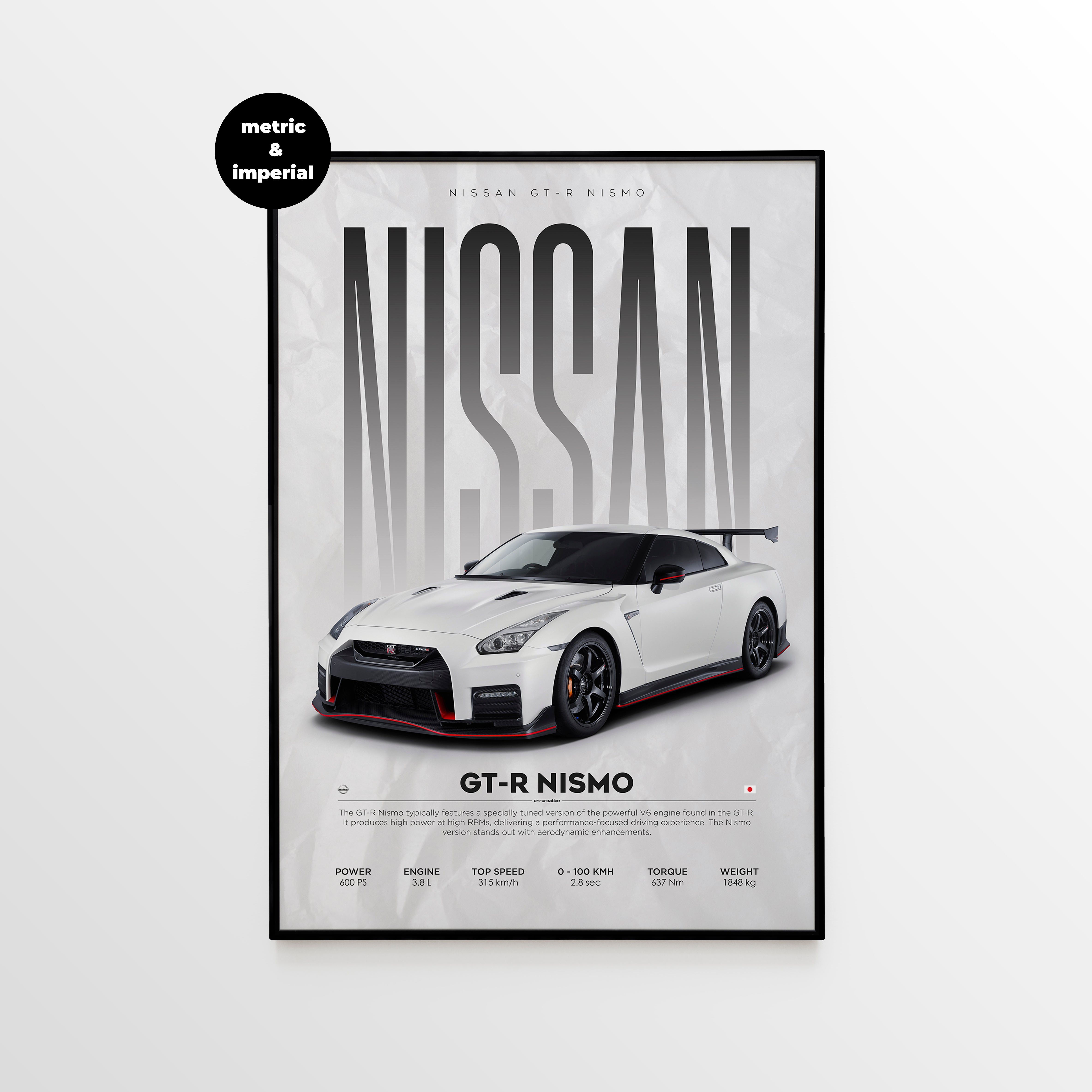Framed Nissan GT-R Nismo poster with black frame, featuring a white GT-R Nismo, large NISSAN typography, and metric and imperial performance specs