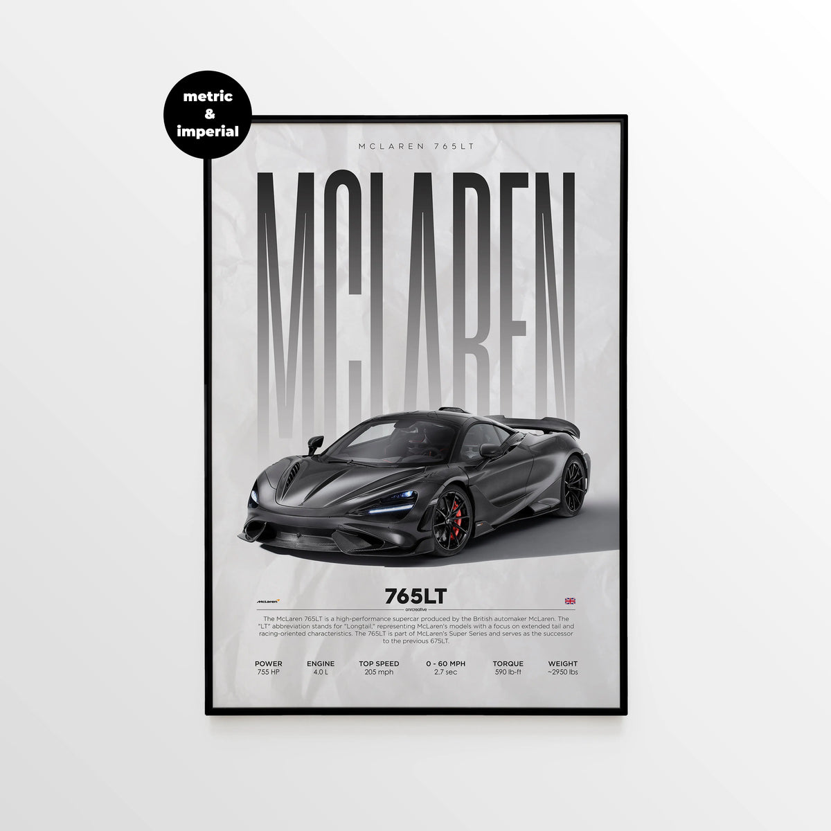 McLaren 765LT Car Poster wall art with performance specifications