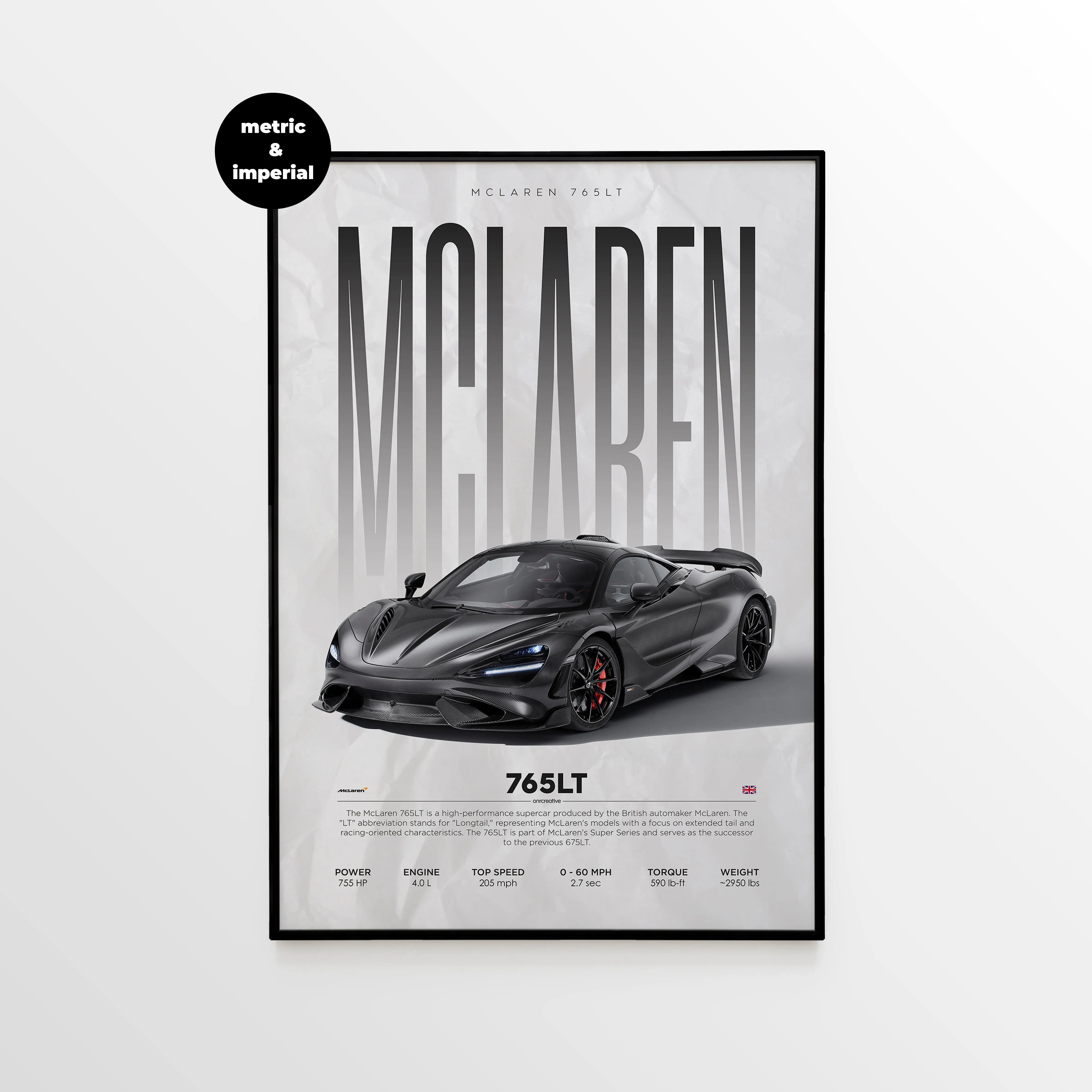 McLaren 765LT Car Poster wall art with performance specifications