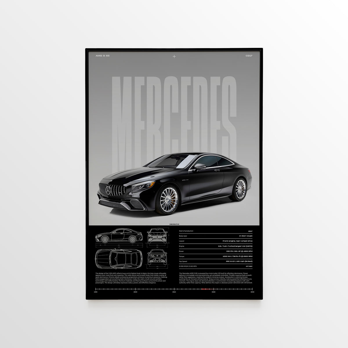 Framed Mercedes-AMG S 65 Coupe C217 poster with blueprint specs