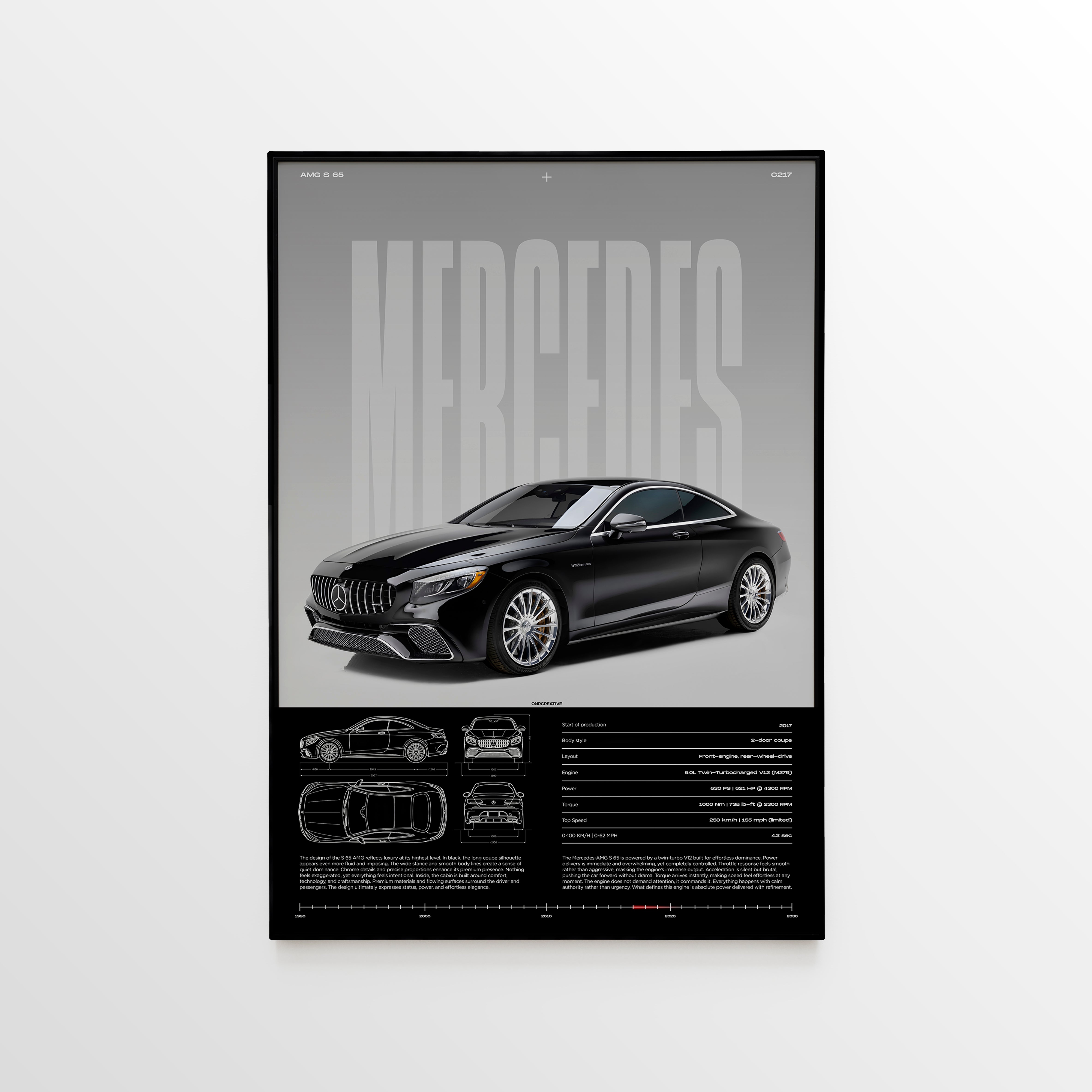 Framed Mercedes-AMG S 65 Coupe C217 poster with blueprint specs