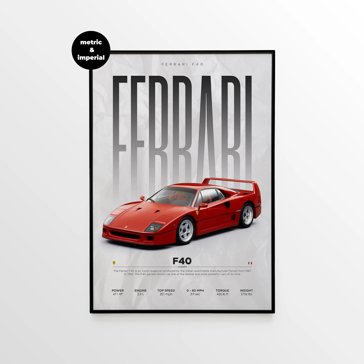 Ferrari F40 car poster framed on wall featuring large Ferrari typography background and red F40 supercar with metric and imperial performance specifications
