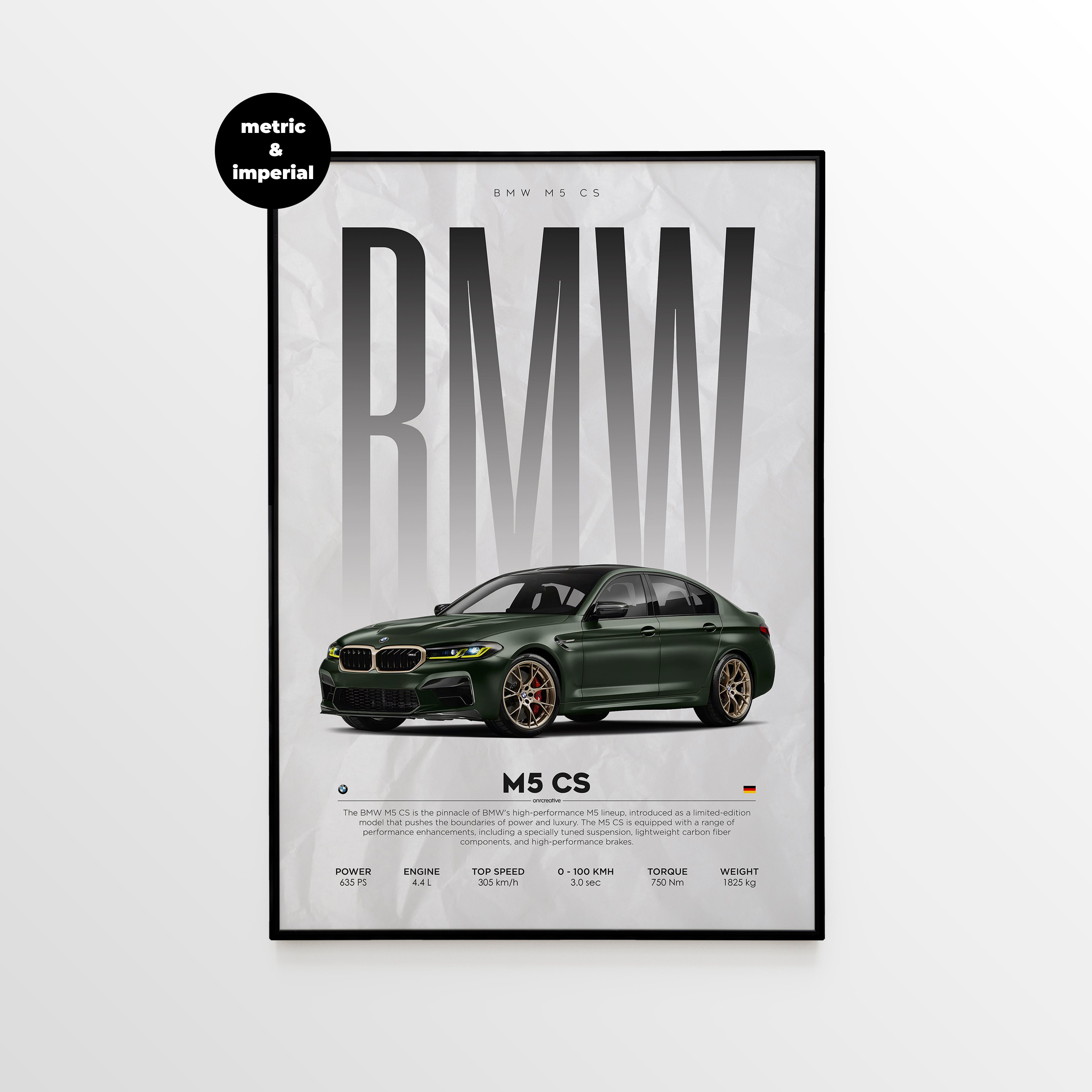 Framed BMW M5 CS wall poster with black frame, featuring a green BMW sedan, large BMW text background, and metric performance specifications