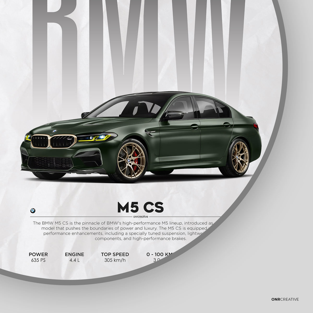 Minimal BMW M5 CS poster design on a light gray background featuring a green BMW sports sedan, large BMW typography, and performance specifications