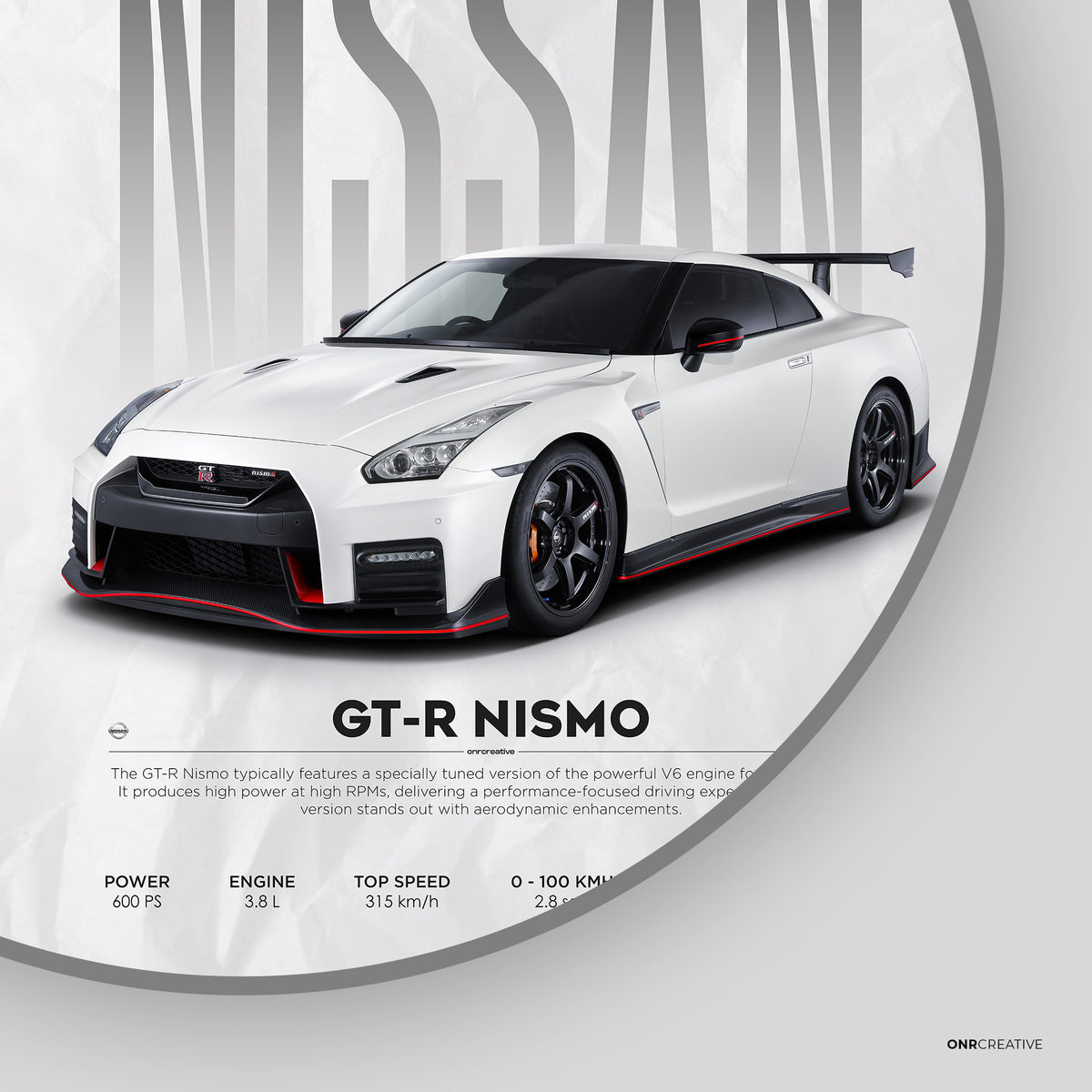 Minimal Nissan GT-R Nismo poster design on a light gray background featuring a white GT-R Nismo, oversized NISSAN typography, and metric specifications
