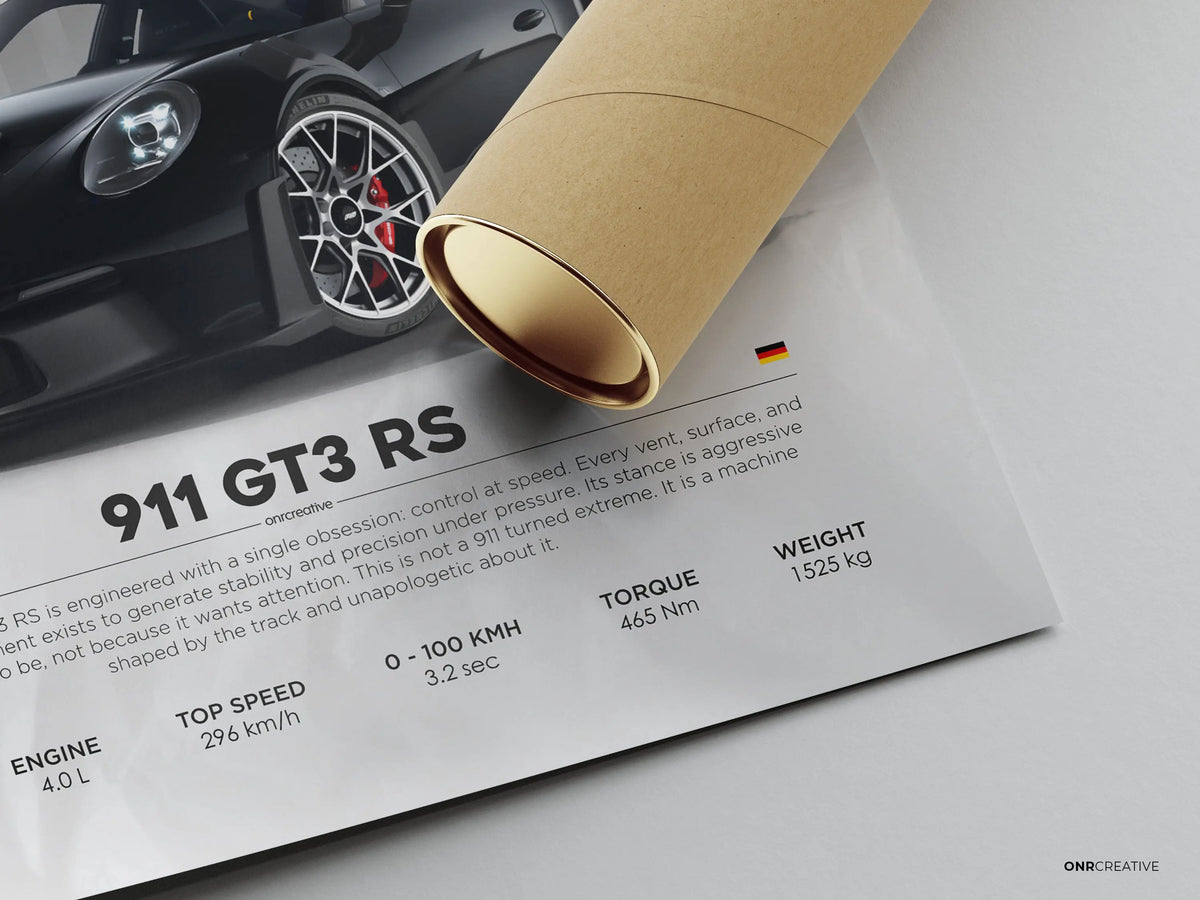 Unframed Porsche 911 GT3 RS poster rolled in protective kraft tube, premium matte automotive print with performance specifications