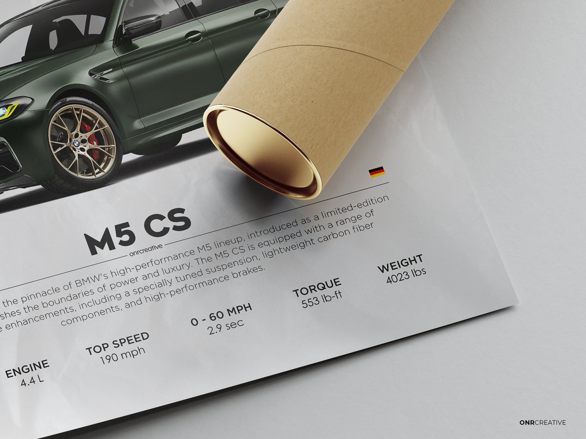 Rolled BMW M5 CS poster mockup showing the green BMW sedan artwork, German flag detail, and printed performance stats on white paper