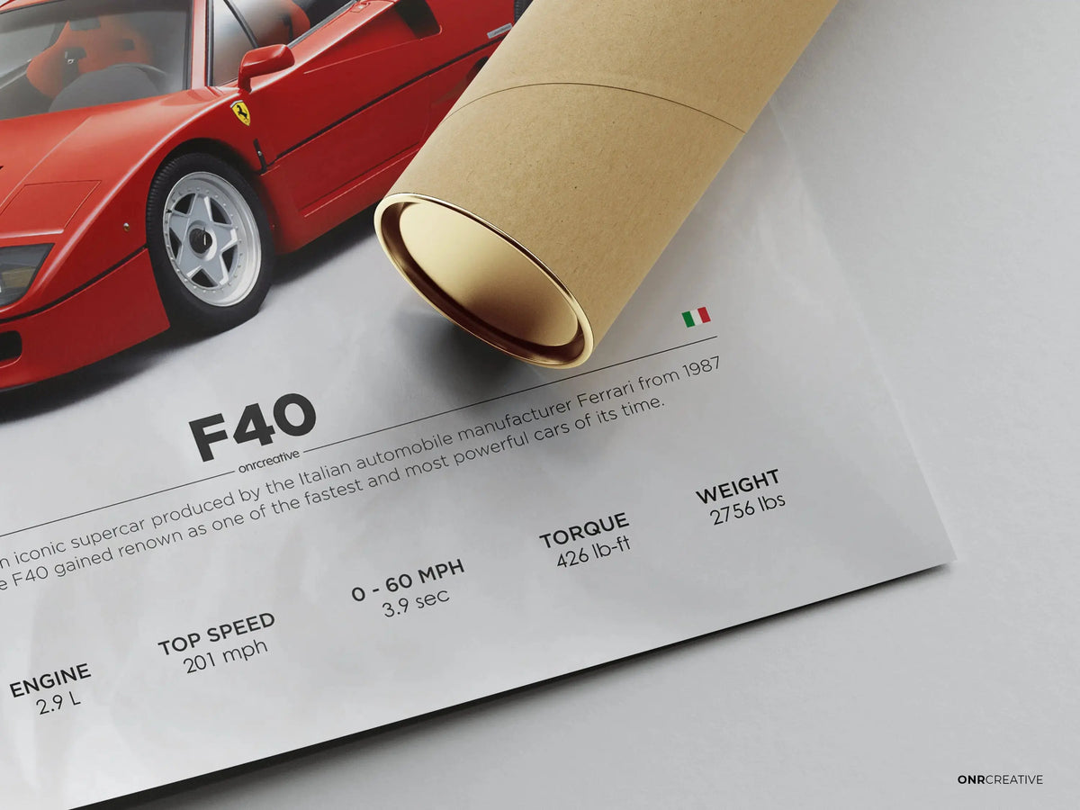 Unframed Ferrari F40 car poster rolled print detail showing performance specs and premium matte paper texture