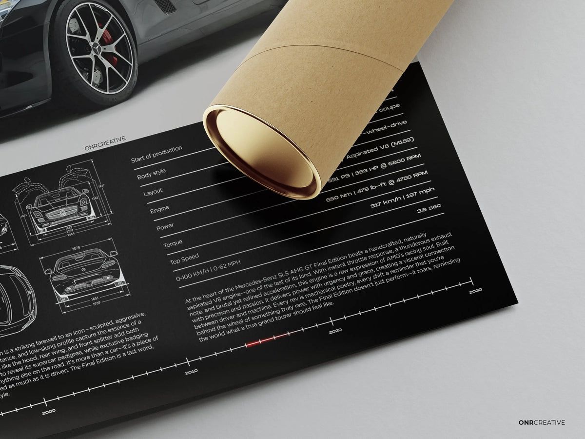 Unframed Mercedes-Benz SLS AMG GT poster partially rolled in kraft tube showing blueprint drawings, performance specs and detailed automotive poster design