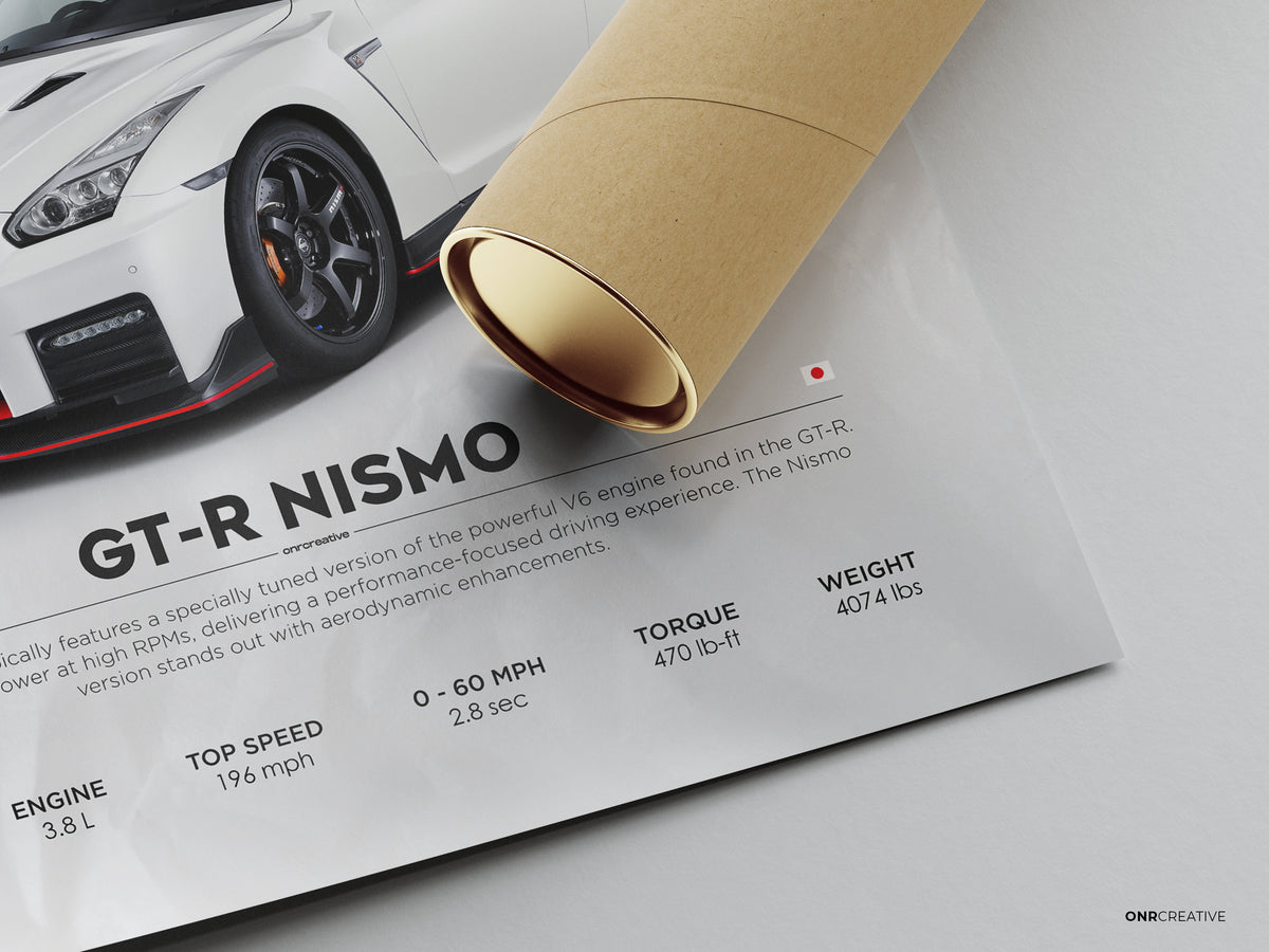 Rolled Nissan GT-R Nismo poster mockup showing the white GT-R artwork, Japanese flag detail, and printed imperial performance specifications