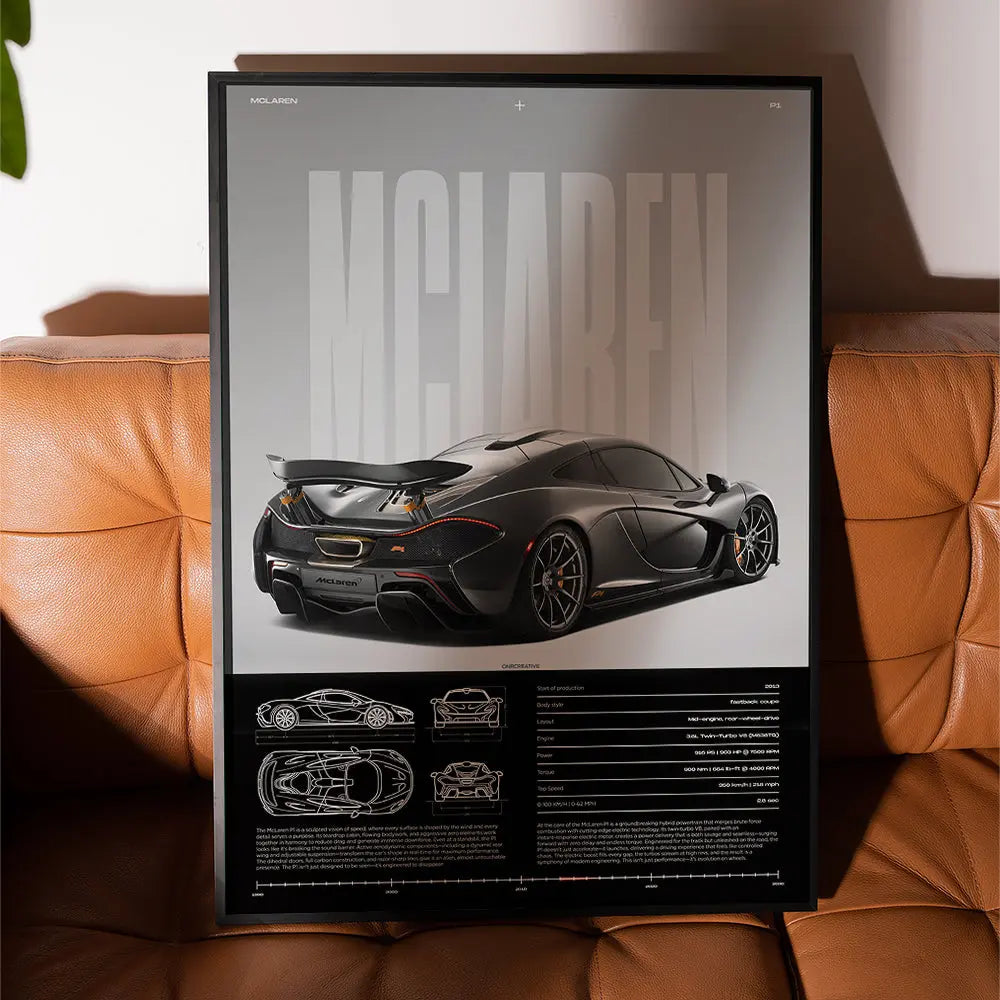 Framed McLaren P1 hypercar poster displayed on modern leather sofa interior wall decor