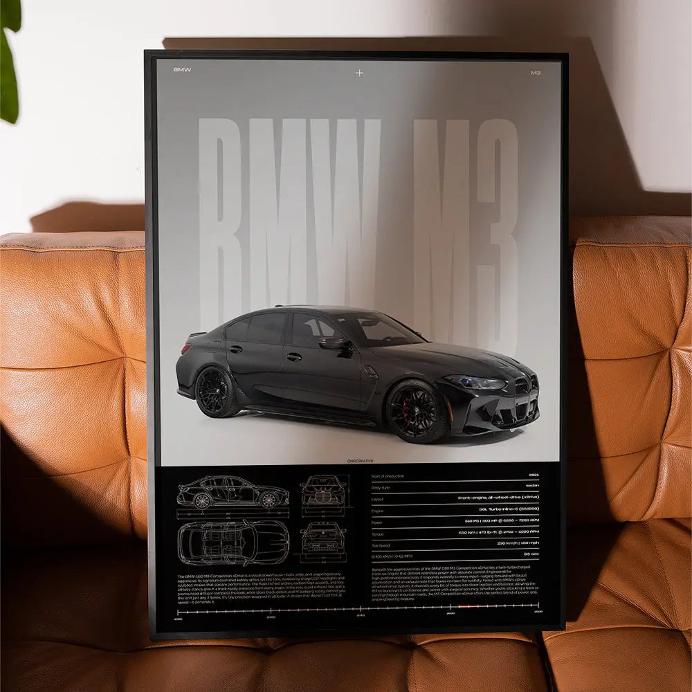 BMW M3 G80 Competition wall art displayed on a brown leather couch, black framed automotive poster with blueprint layout and performance specifications.