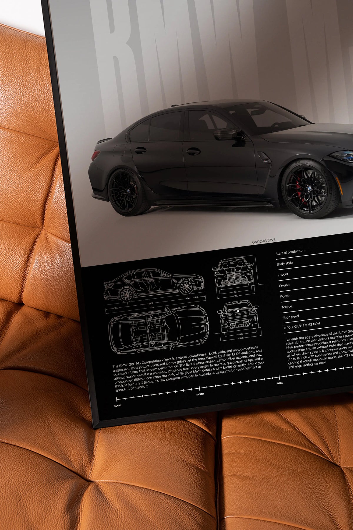 Detailed close-up of BMW M3 G80 Competition car poster featuring side profile artwork and technical blueprint diagrams on lower section.