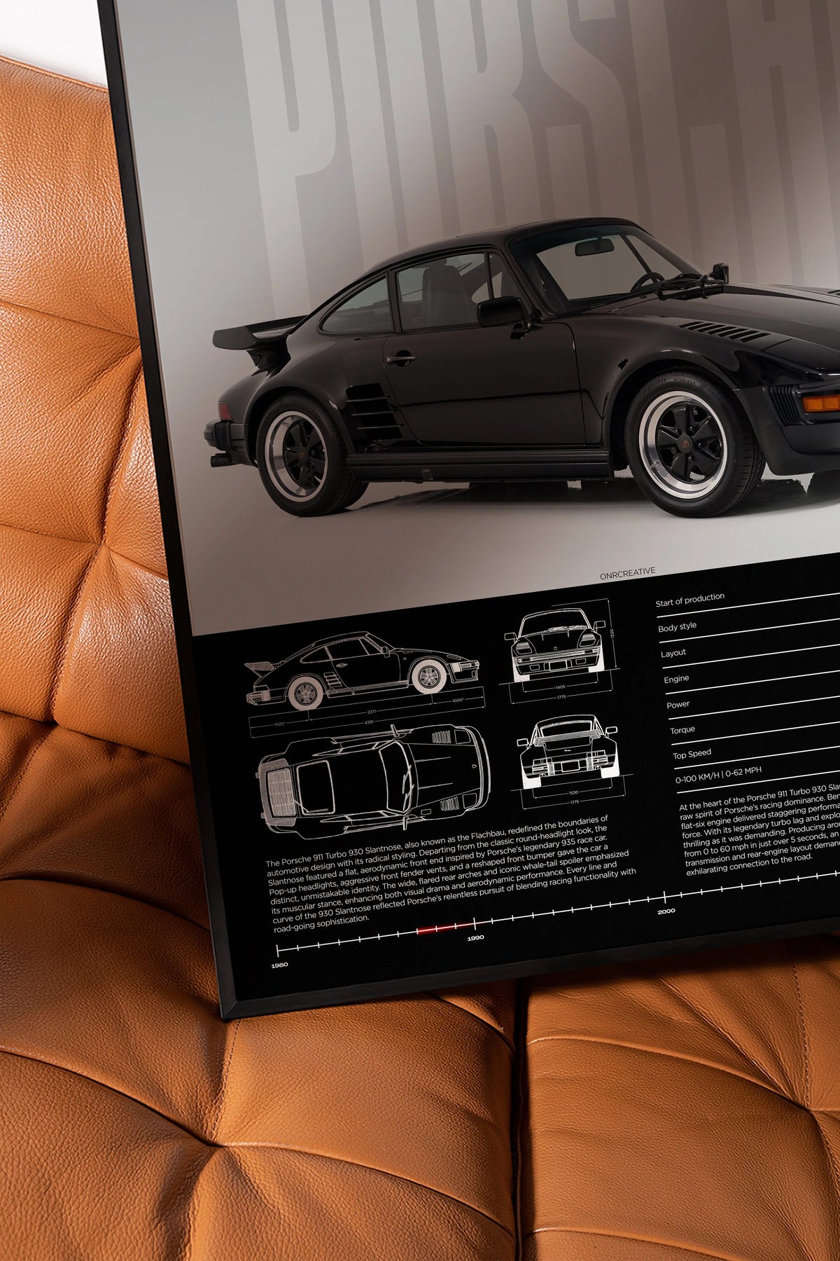 Angled detail of framed Porsche 930 wall art — premium plexiglass reflection and minimalist automotive design print