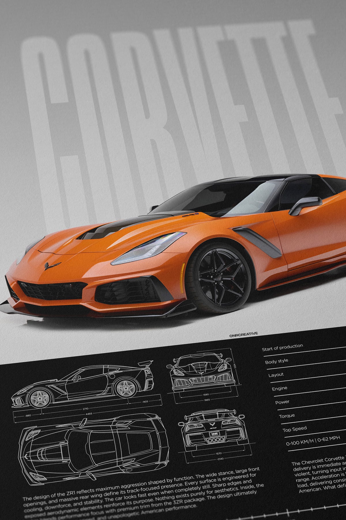 Close-up of Chevrolet Corvette ZR1 poster showing orange car design, large typography, and blueprint layout details