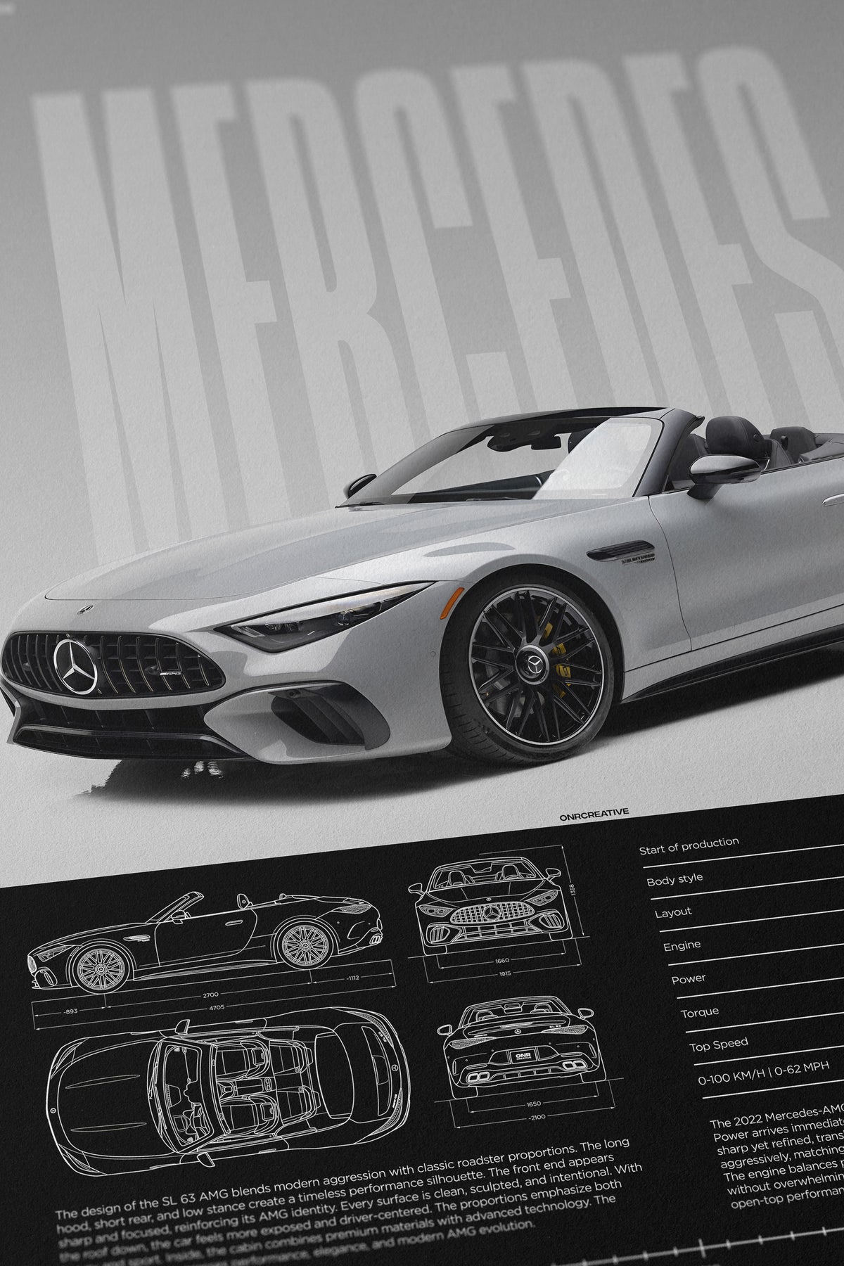 Close-up of Mercedes-AMG SL 63 poster print showing gray roadster artwork, large MERCEDES lettering, blueprint drawings, and textured paper surface