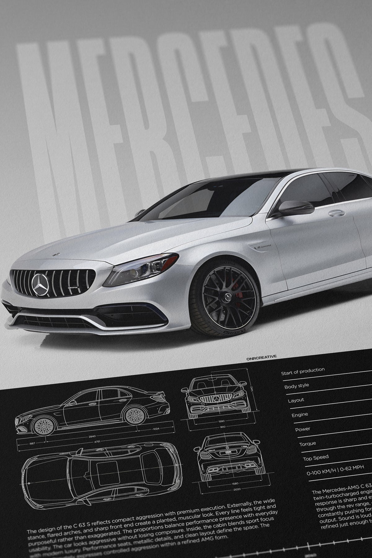 Close-up of Mercedes-AMG C 63 S poster print showing silver sedan artwork, large MERCEDES lettering, blueprint drawings, and textured paper surface