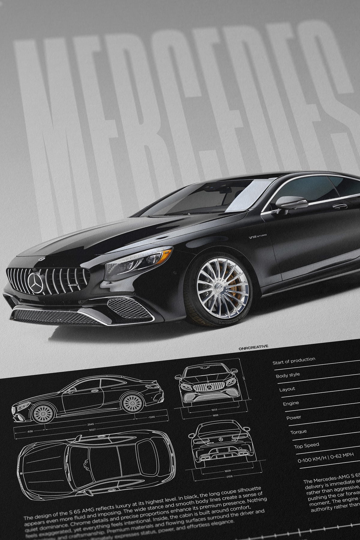 Close-up Mercedes-AMG S 65 Coupe poster with blueprint details