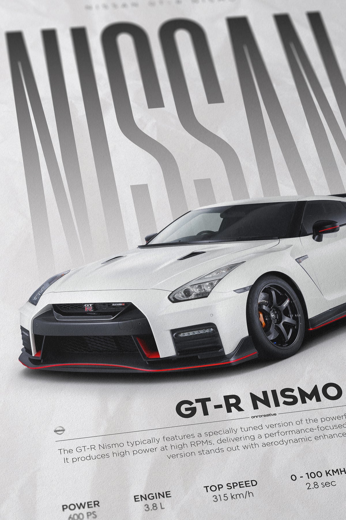 Close-up of Nissan GT-R Nismo poster print showing the front three-quarter view of a white GT-R, large NISSAN lettering, and detailed paper texture