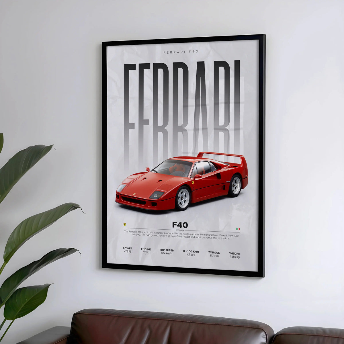 Framed Ferrari F40 wall art displayed above a brown leather sofa with indoor plant, modern automotive poster decor