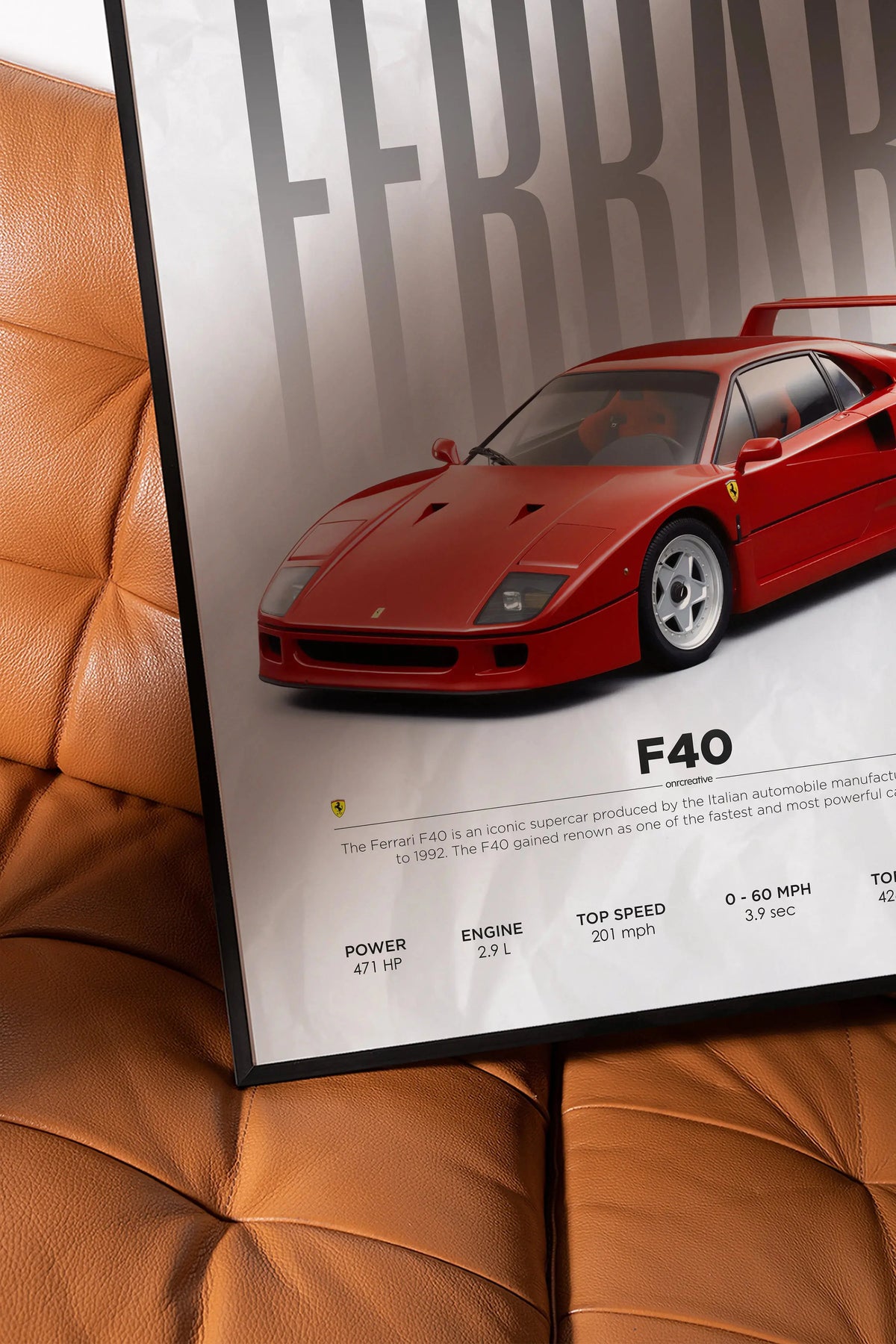 Ferrari F40 framed car poster placed on brown leather couch, modern supercar wall art interior styling