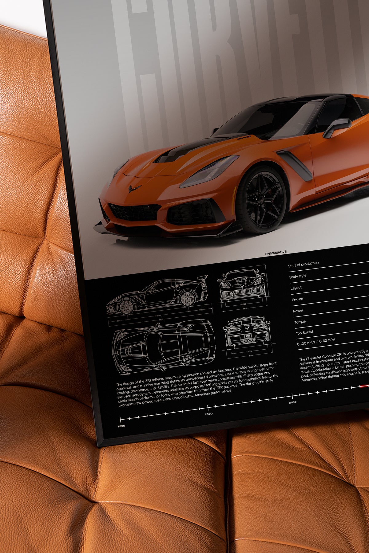 Framed Chevrolet Corvette ZR1 poster displayed on a brown leather chair in a modern interior setting