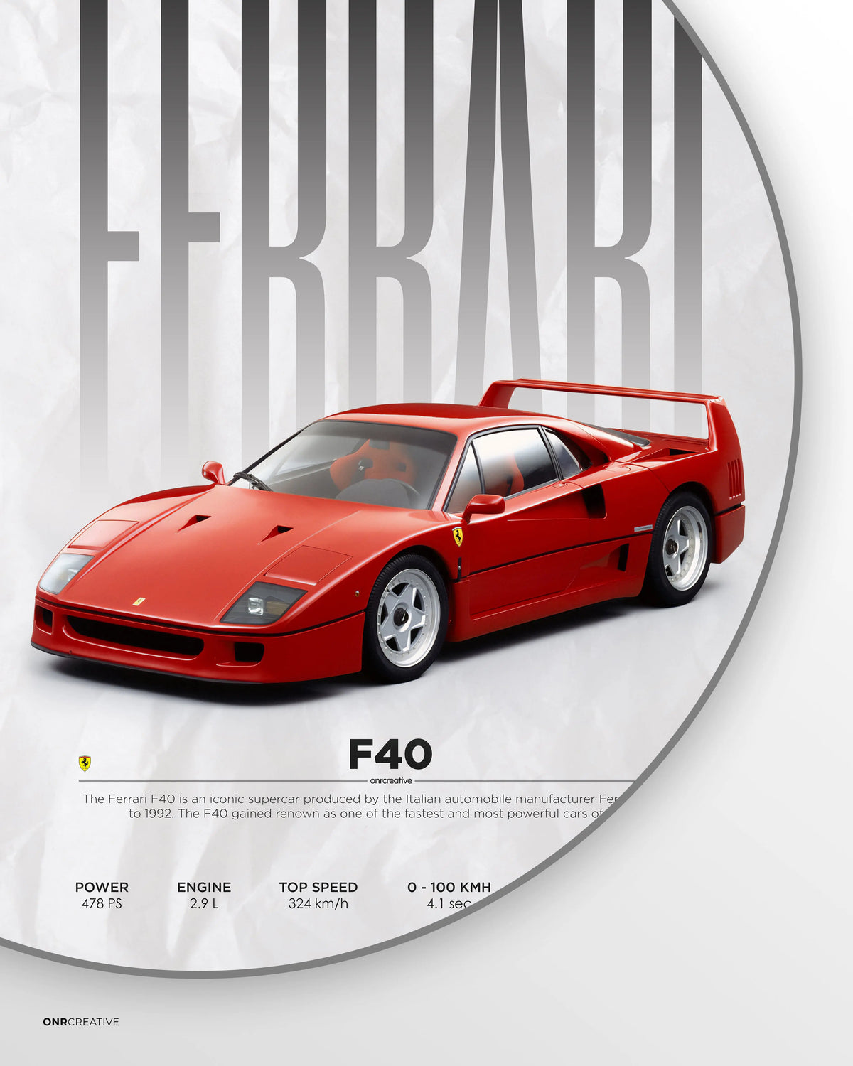 Ferrari F40 poster design close-up highlighting ultra high quality 300 DPI print and detailed supercar artwork