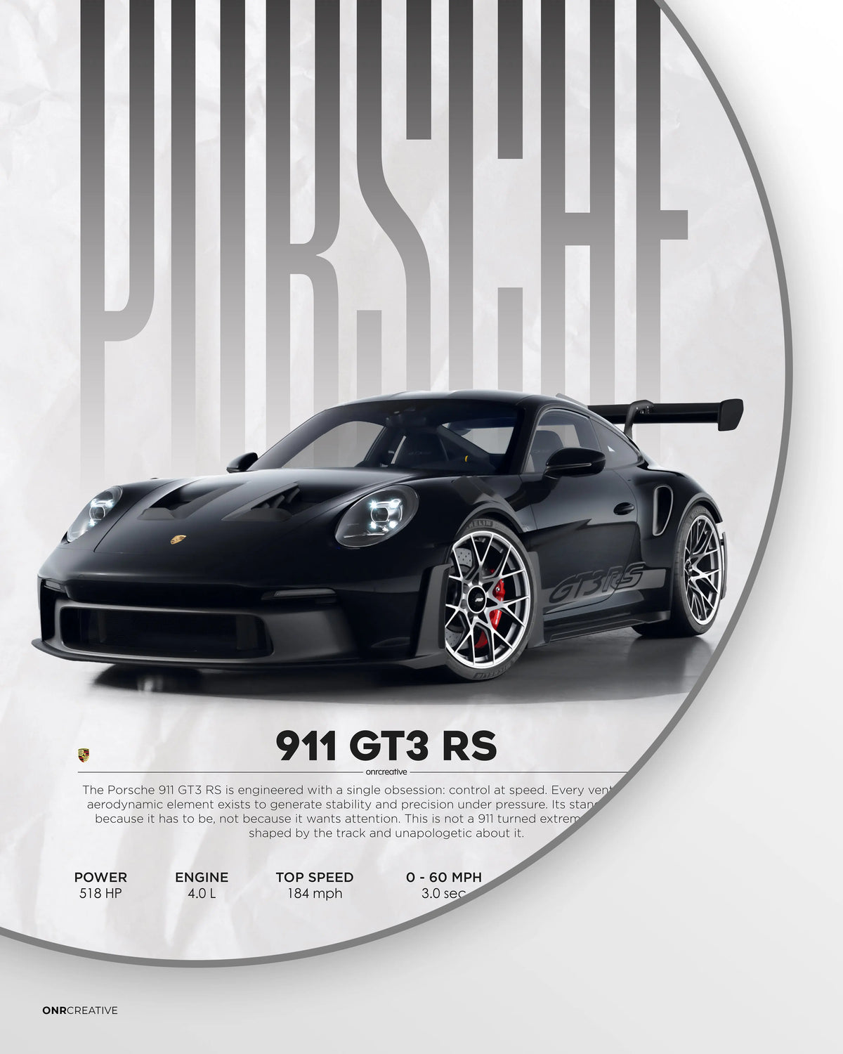 Porsche 911 GT3 RS poster close detail with oversized vertical Porsche typography and black 992 GT3 RS front three quarter view